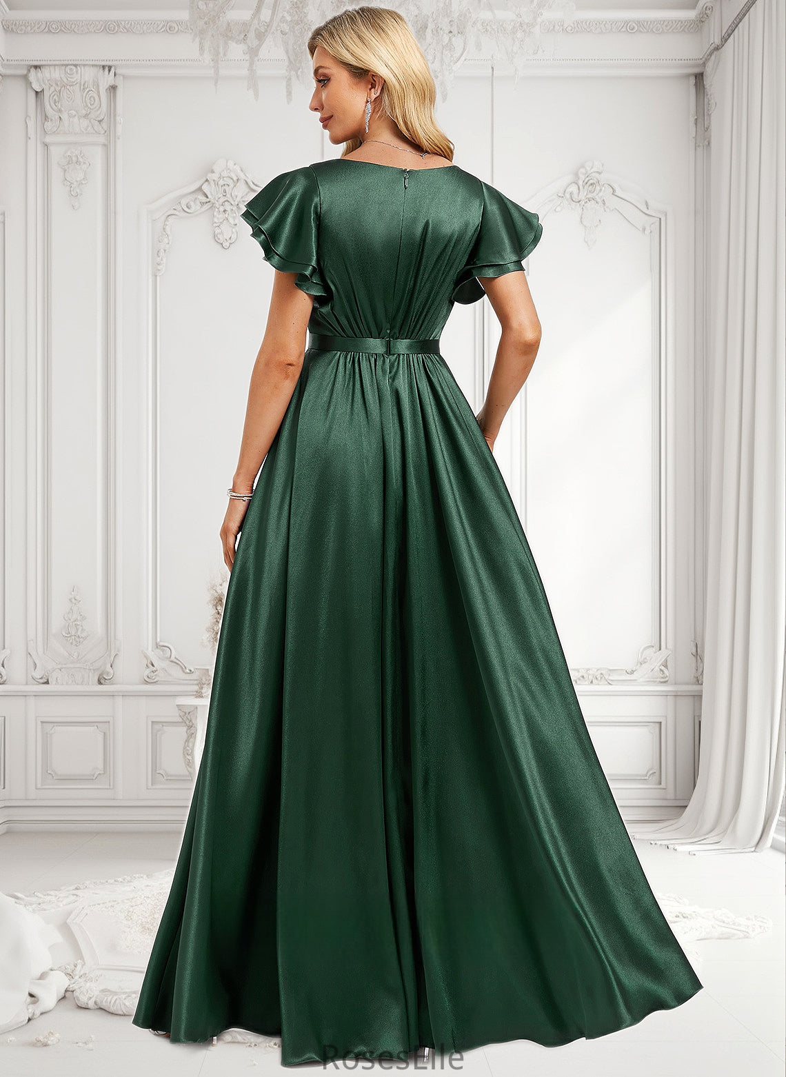 Julia A-line Scoop Floor-Length Stretch Satin Bridesmaid Dress With Ruffle HJP0025770