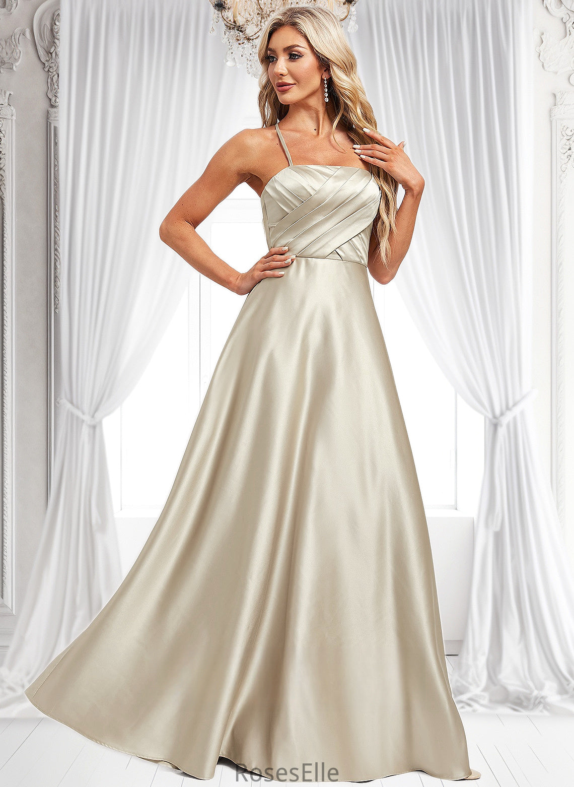 Brynn A-line Square Floor-Length Satin Bridesmaid Dress HJP0025789