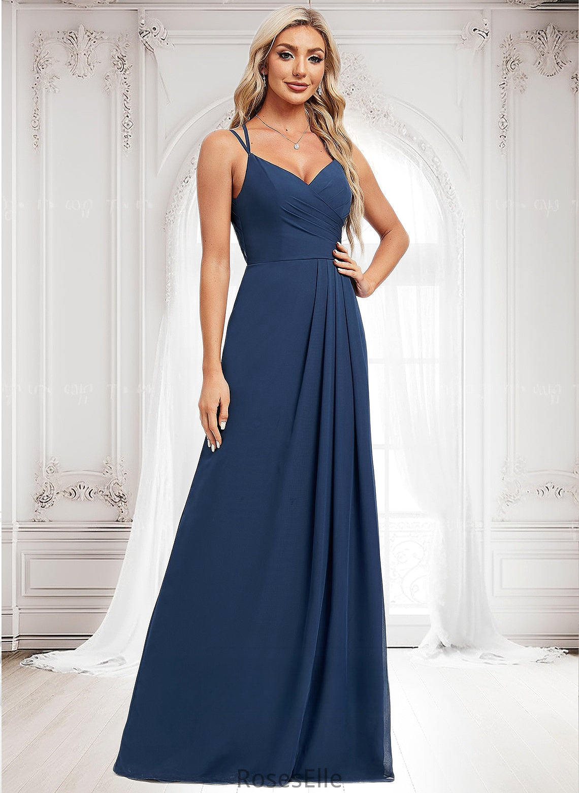 Makaila A-line V-Neck Floor-Length Chiffon Bridesmaid Dress HJP0025803