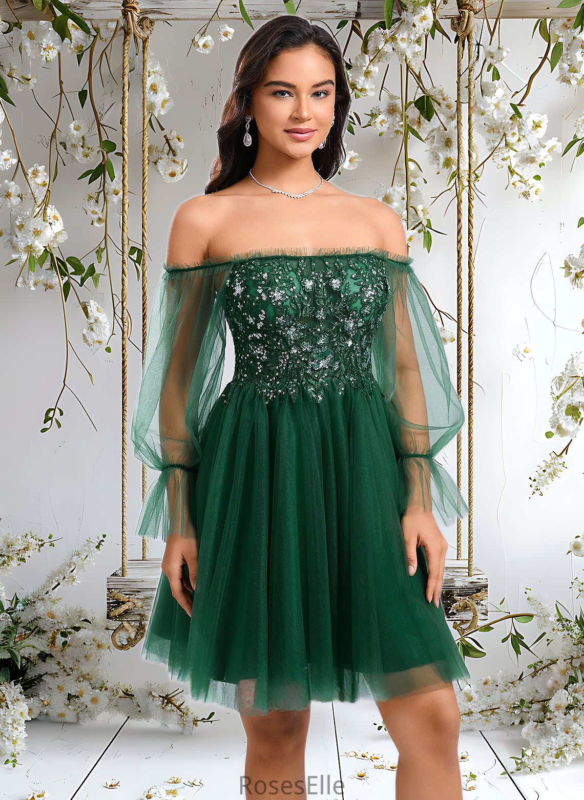 Nancy A-line Off the Shoulder Short Tulle Homecoming Dress With Sequins Appliques Lace HJP0025663