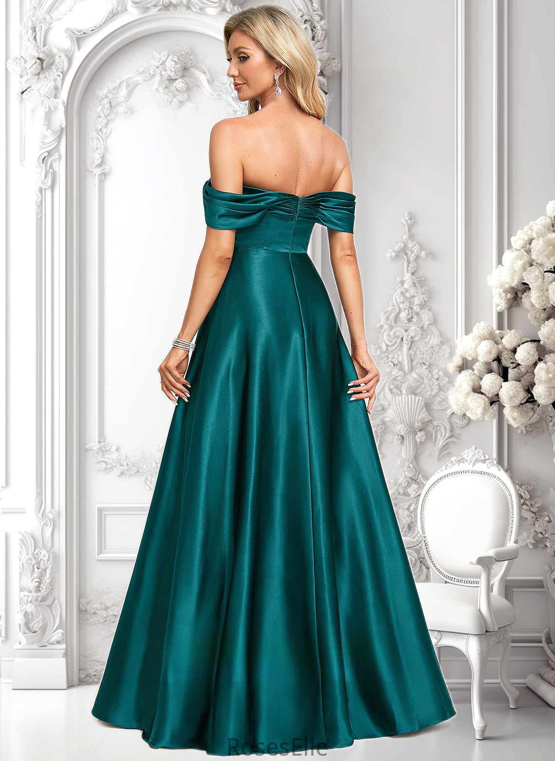 Yoselin A-line Off the Shoulder Floor-Length Stretch Satin Prom Dresses HJP0025879