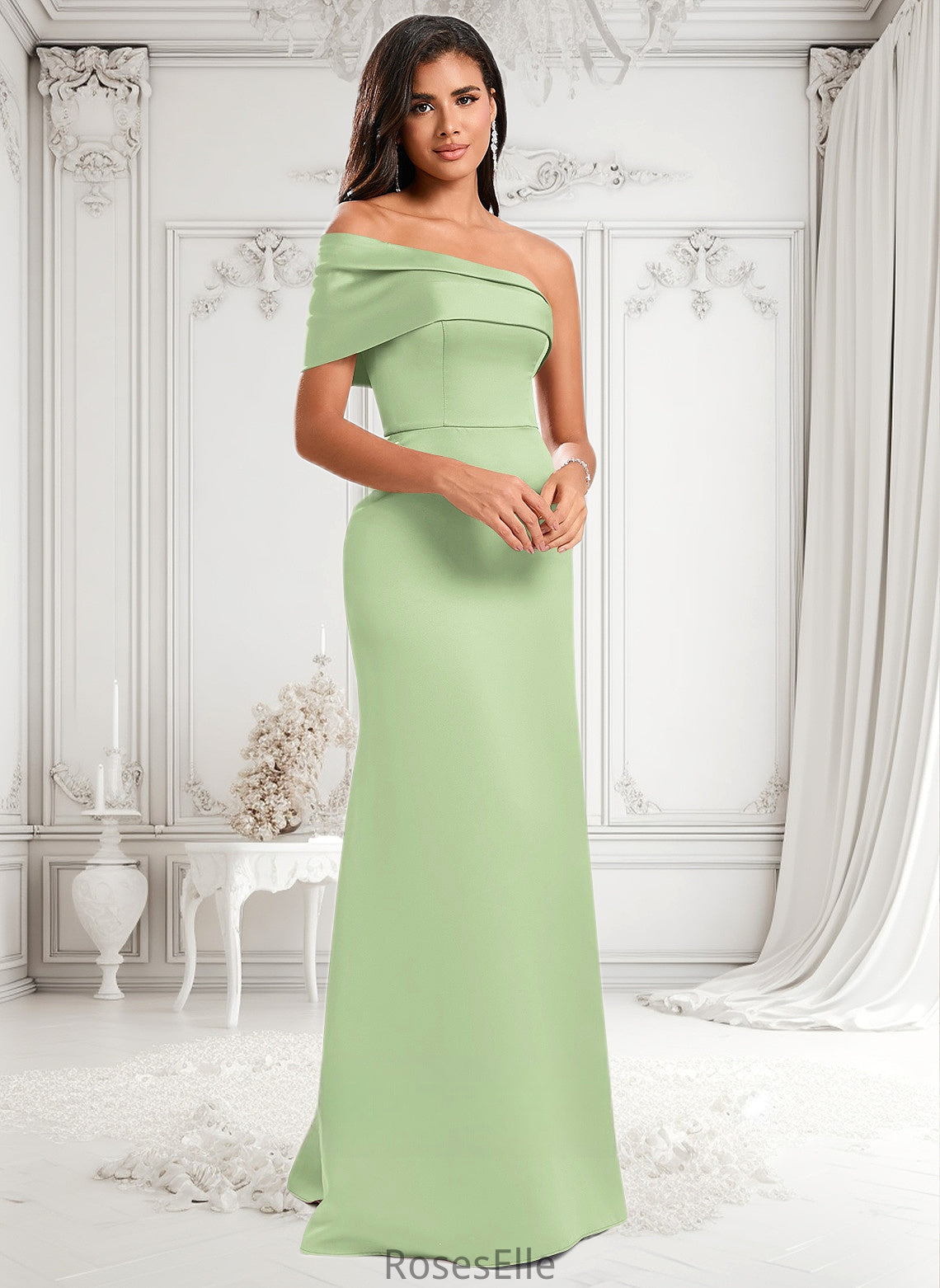 Kristin A-line Asymmetrical Off the Shoulder Floor-Length Satin Prom Dresses HJP0025884