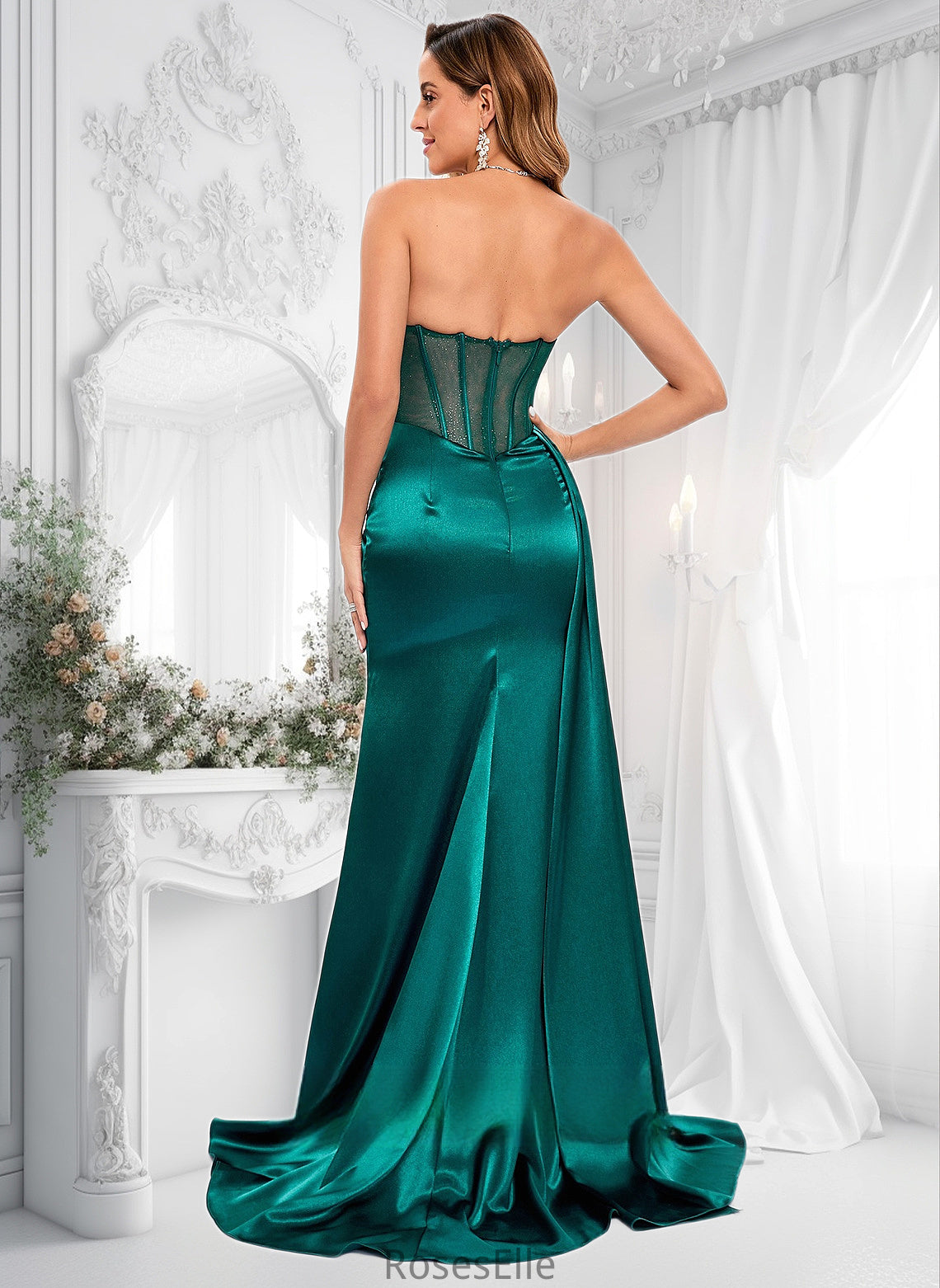 London Trumpet/Mermaid Straight Sweep Train Stretch Satin Prom Dresses With Pleated HJP0025849