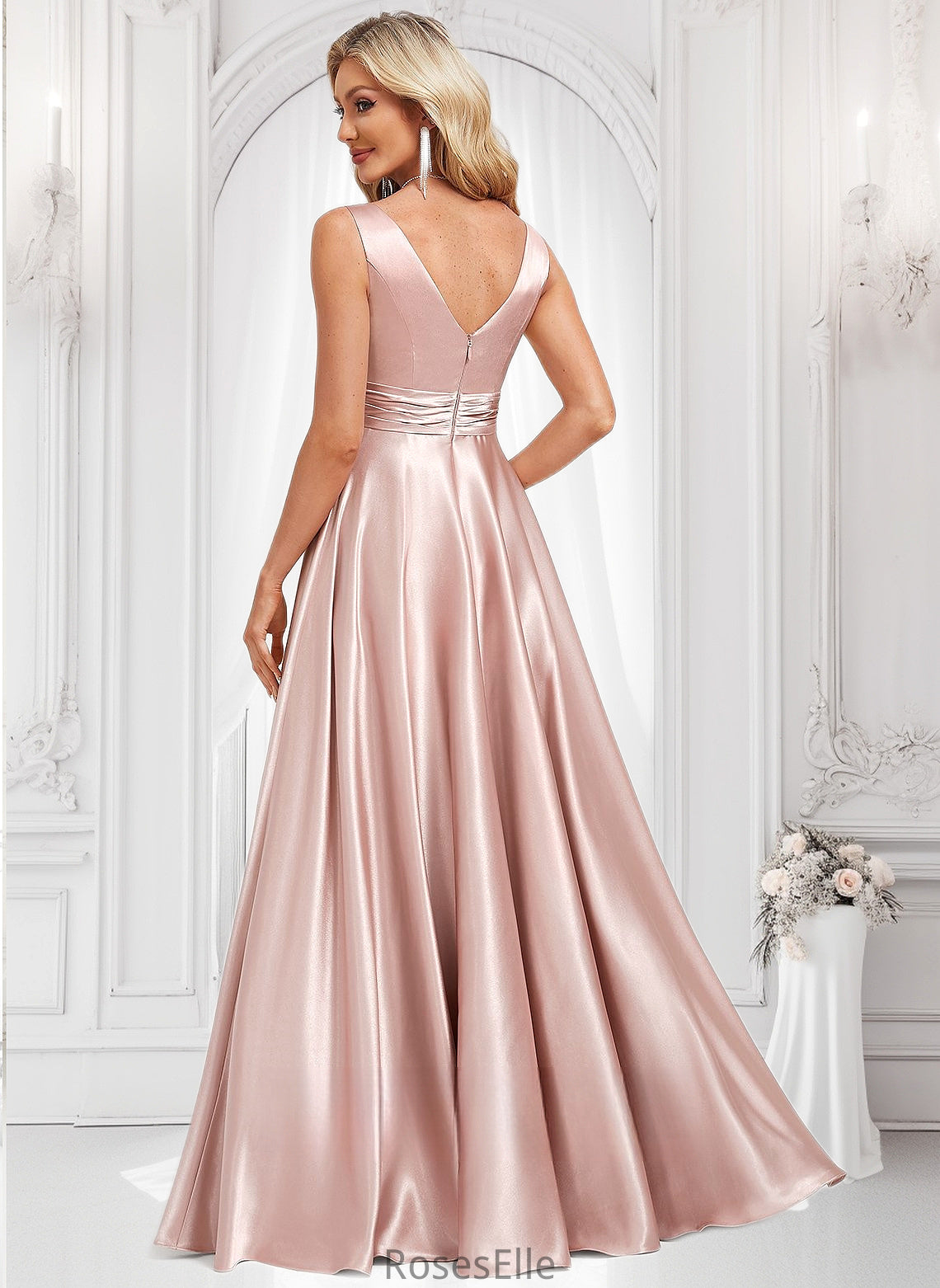 Nicola A-line V-Neck Floor-Length Stretch Satin Bridesmaid Dress HJP0025779