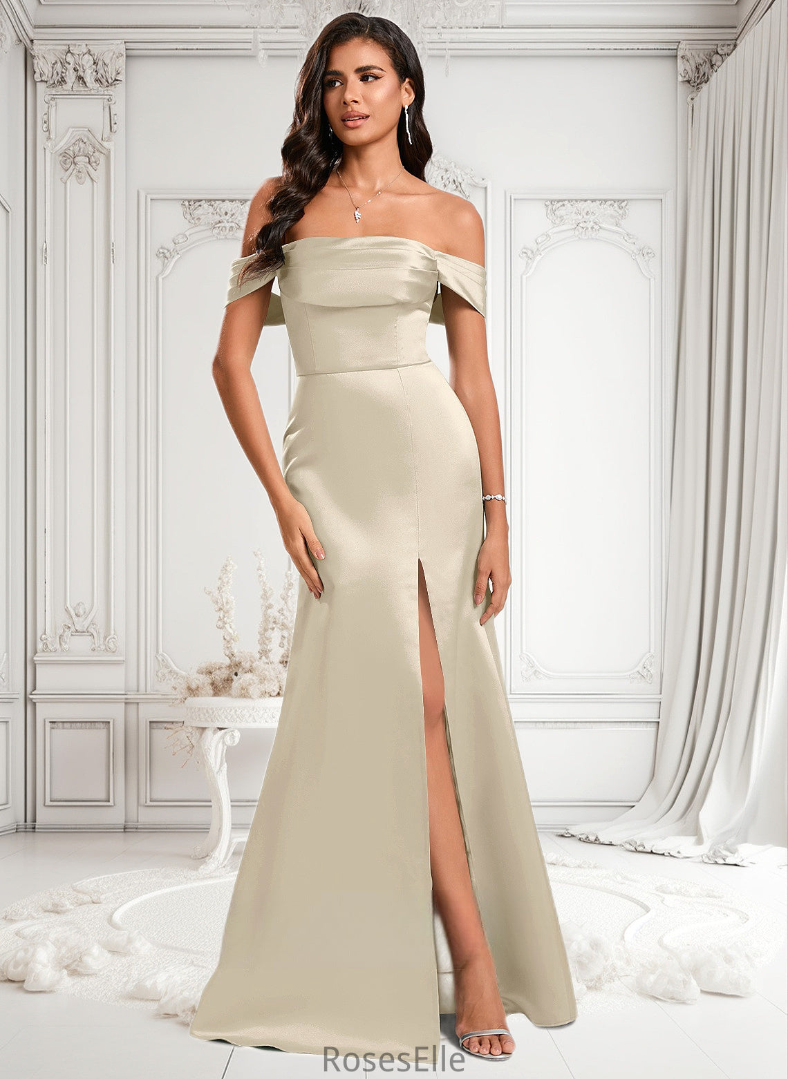 Suzanne Trumpet/Mermaid Off the Shoulder Square Floor-Length Satin Prom Dresses With Ruffle HJP0025883