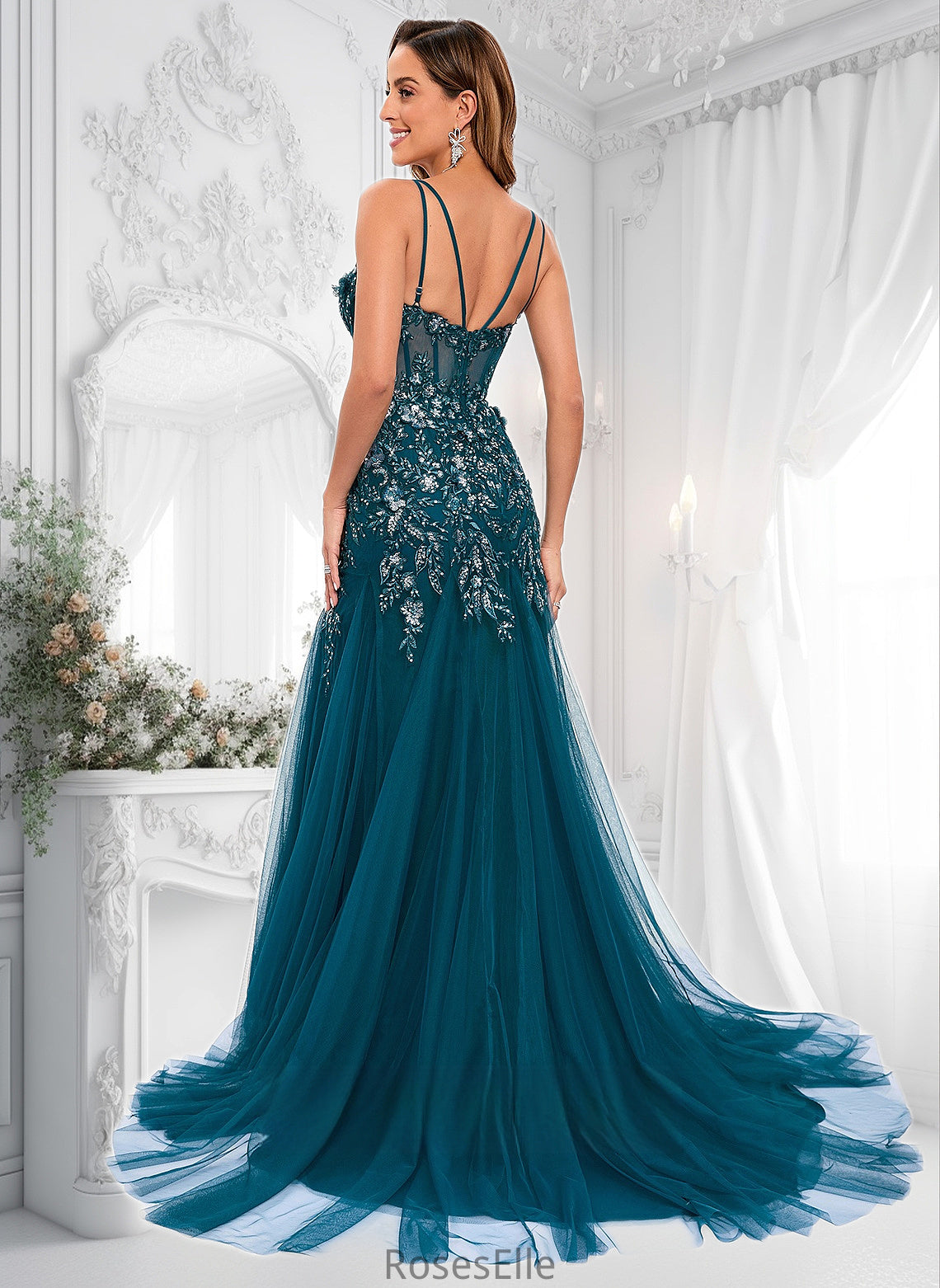 Riya Trumpet/Mermaid V-Neck Sweep Train Tulle Prom Dresses With Sequins Appliques Lace HJP0025853