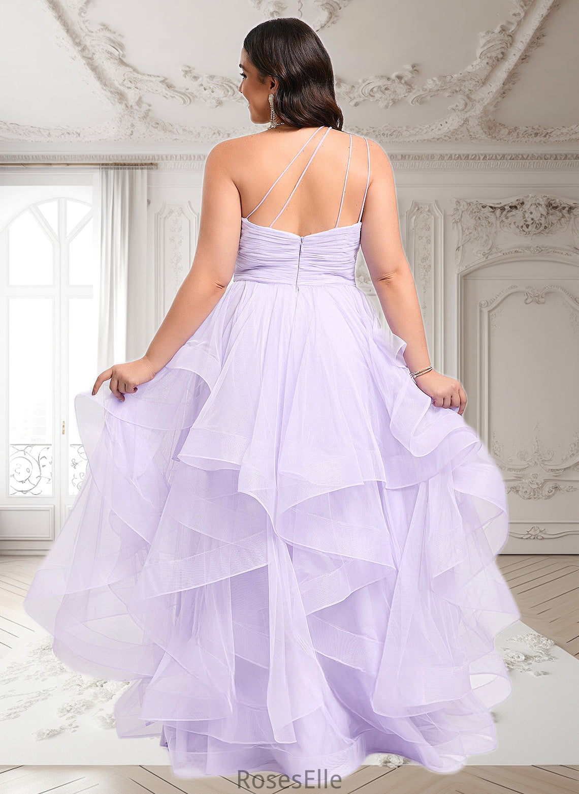 Nayeli Ball-Gown/Princess Asymmetrical One Shoulder Floor-Length Tulle Prom Dresses HJP0025867