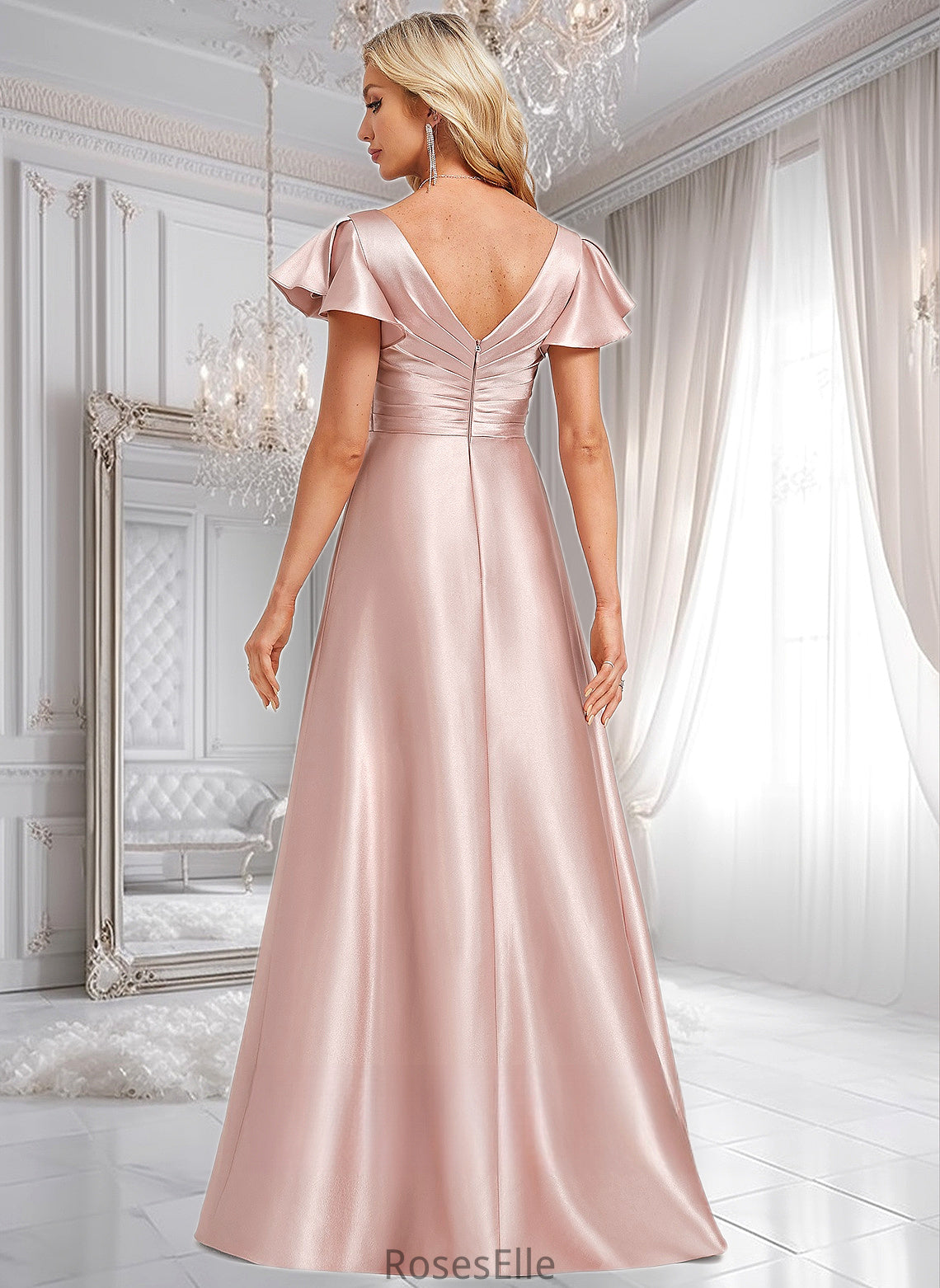 Jaden A-line V-Neck Floor-Length Stretch Satin Bridesmaid Dress With Ruffle HJP0025787