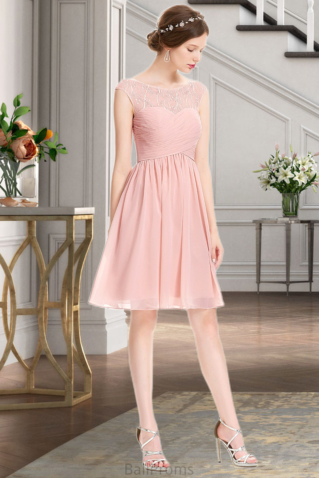 Stella A-line Scoop Knee-Length Chiffon Tulle Homecoming Dress With Beading Ruffle HJP0020594