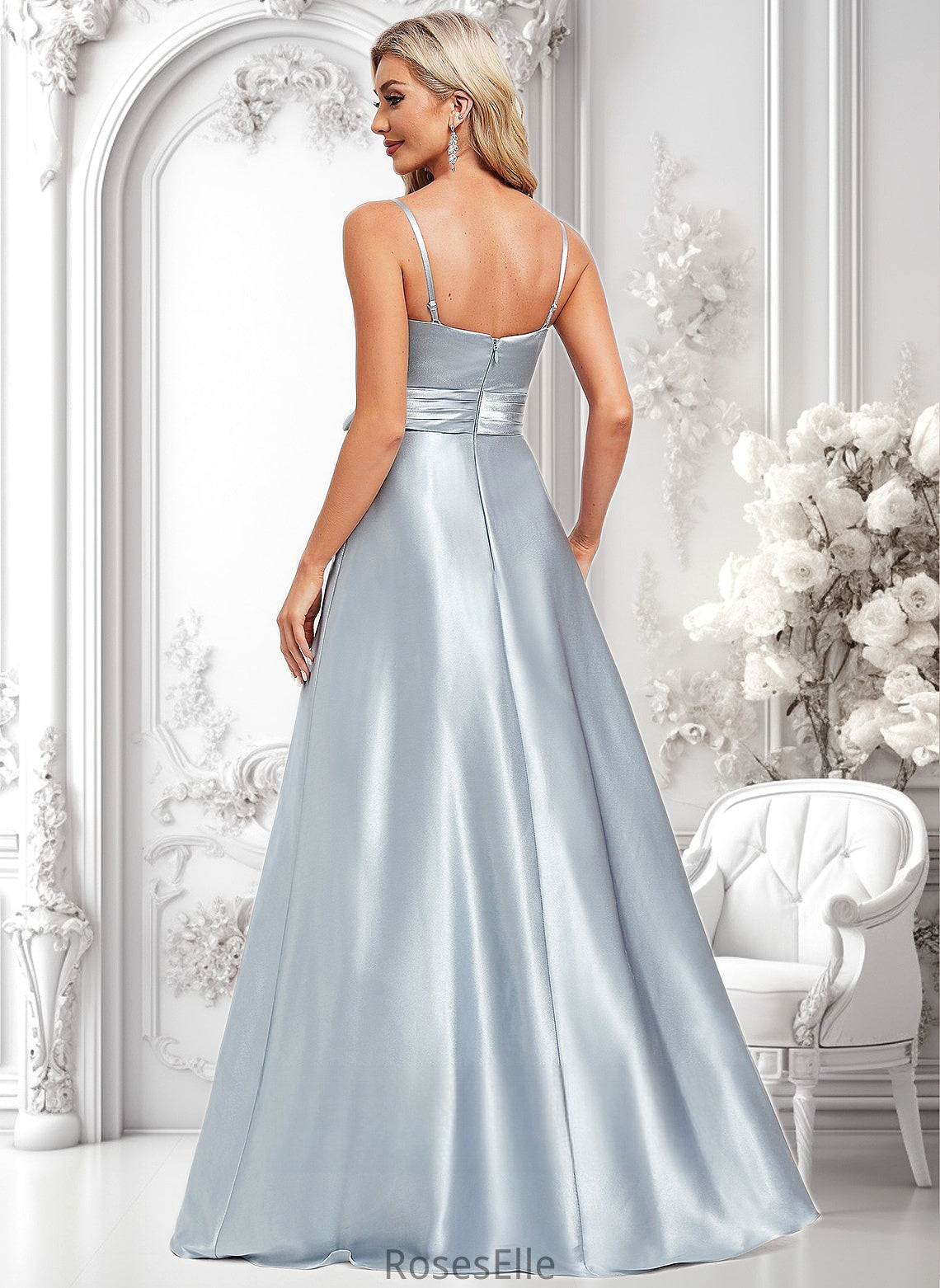 Vivien A-line V-Neck Floor-Length Stretch Satin Bridesmaid Dress HJP0025795