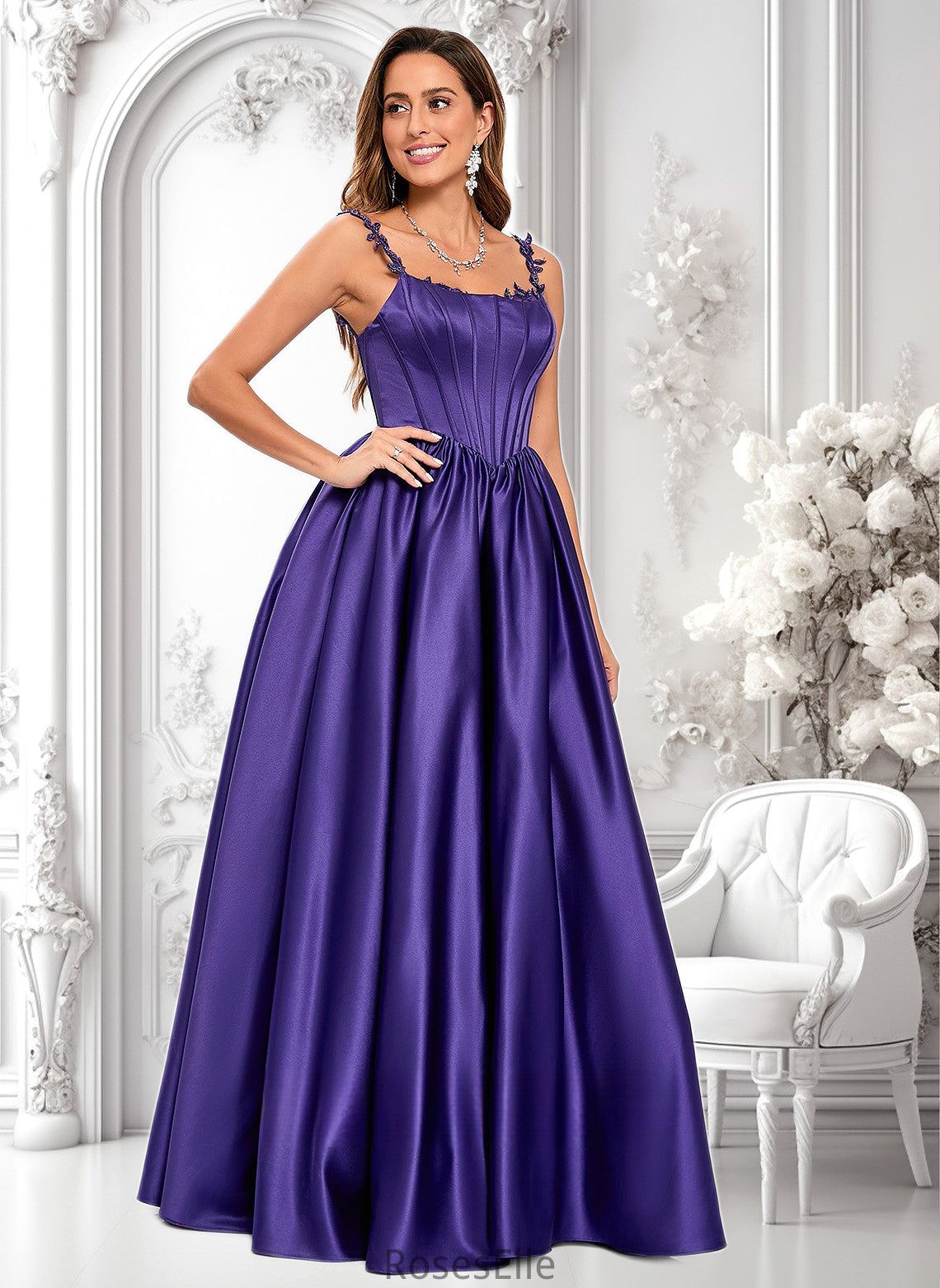 Lexi Ball-Gown/Princess Scoop Floor-Length Satin Prom Dresses With Appliques Lace Beading HJP0025865