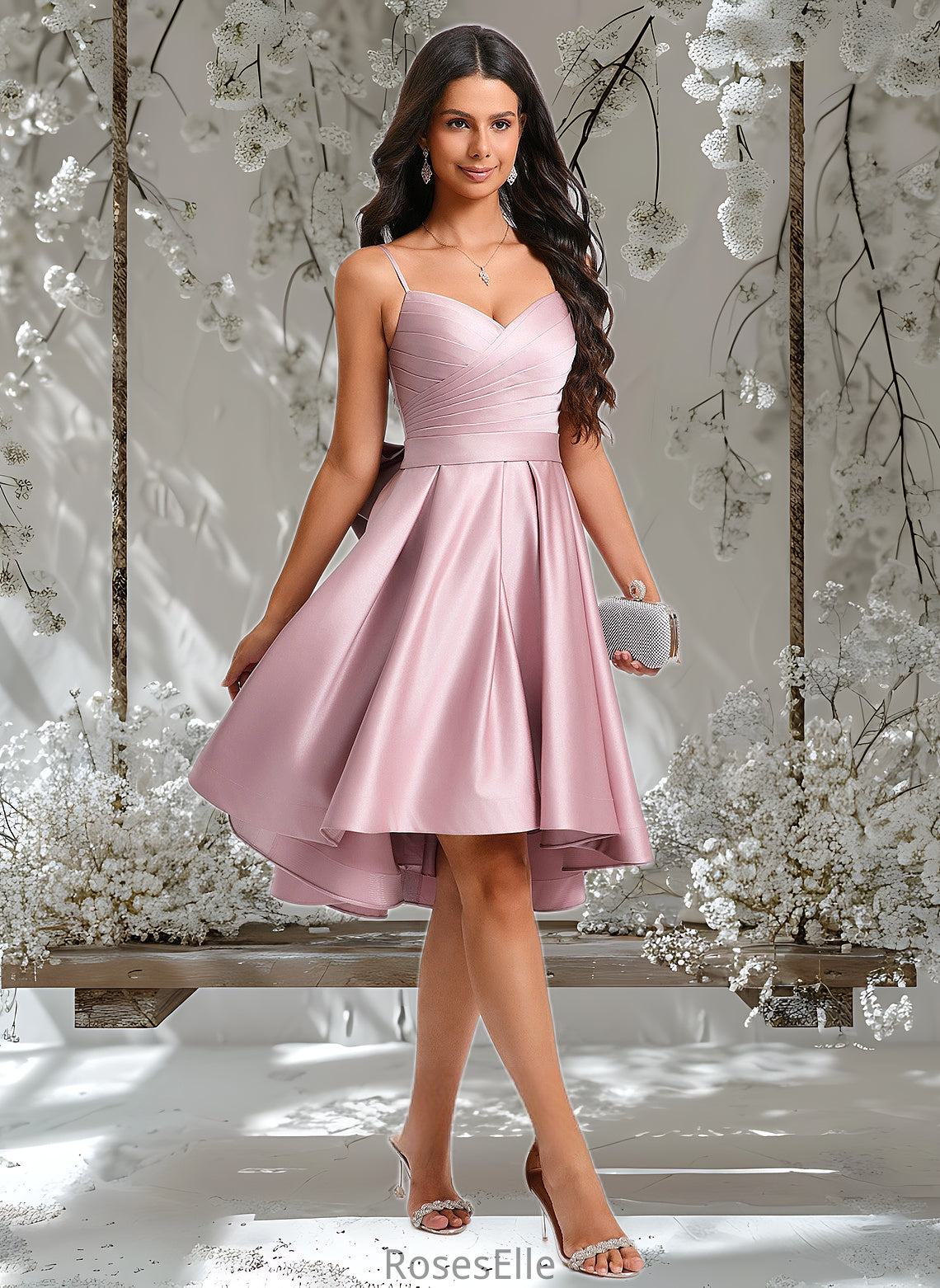 Asia A-line V-Neck Asymmetrical Satin Homecoming Dress With Bow Pleated HJP0025699