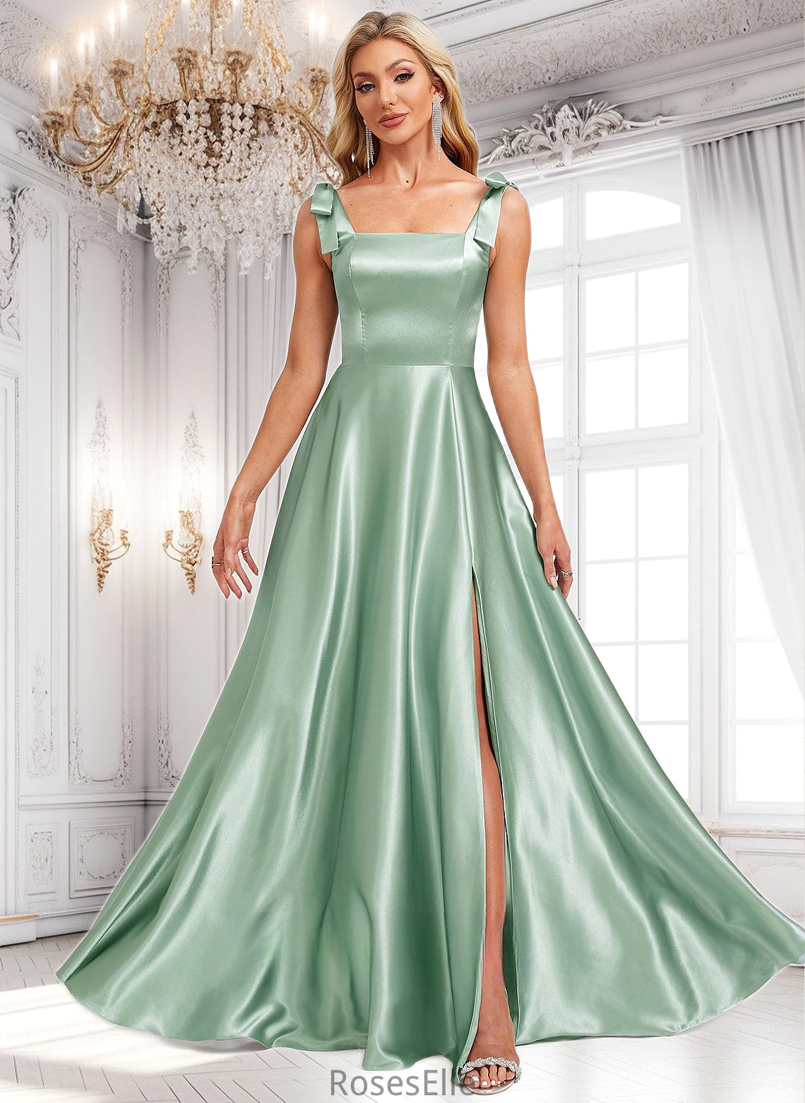 Rebecca A-line Square Floor-Length Stretch Satin Bridesmaid Dress With Bow HJP0025788