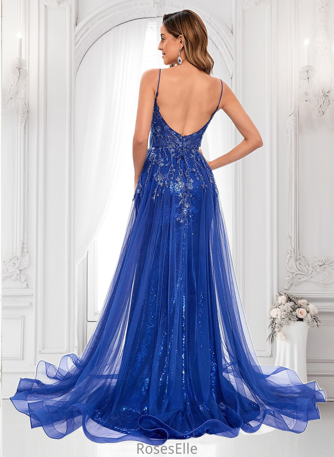 Jessie Trumpet/Mermaid Straight Sweep Train Tulle Sequin Prom Dresses With Sequins Appliques Lace HJP0025857