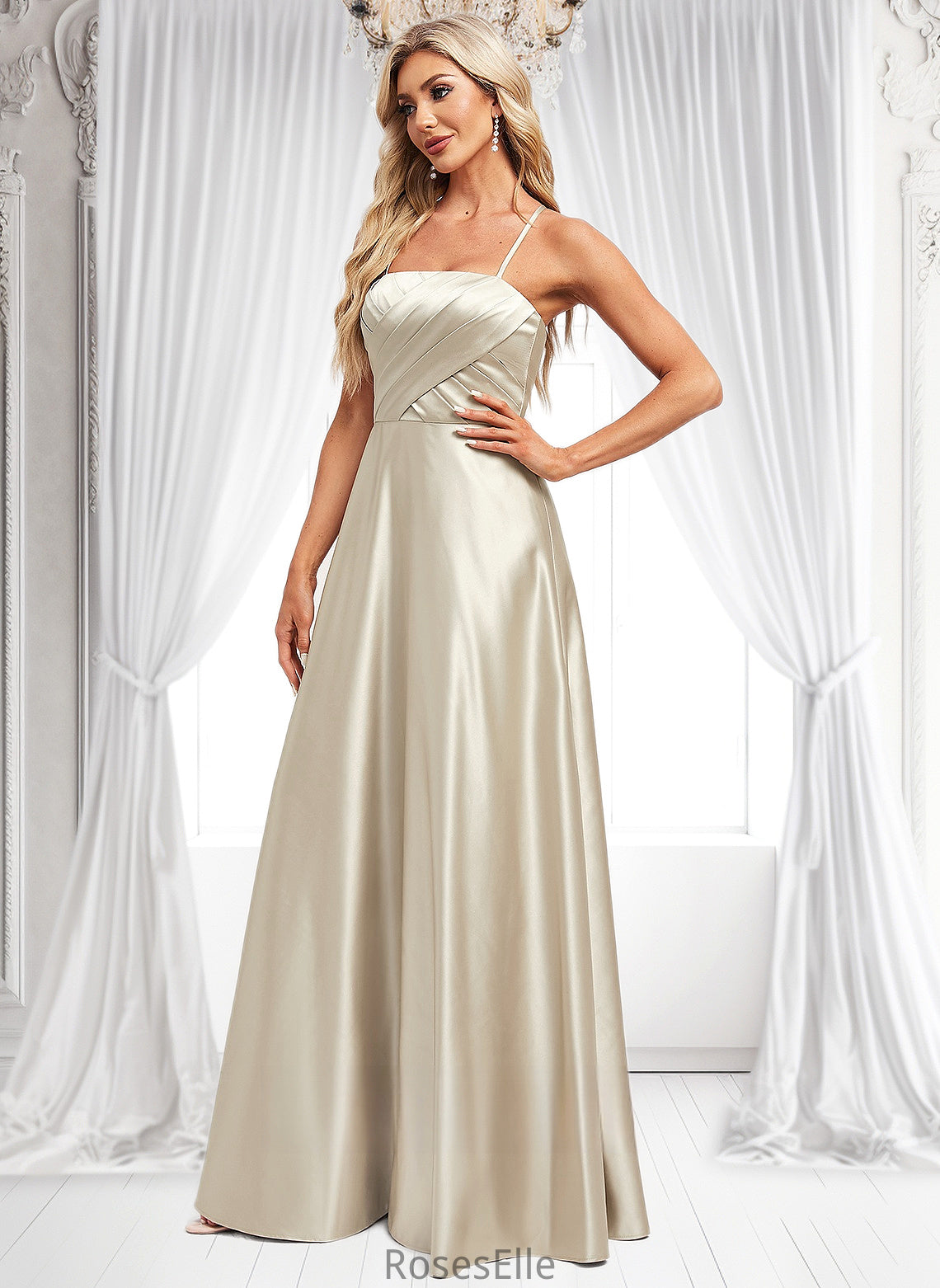 Brynn A-line Square Floor-Length Satin Bridesmaid Dress HJP0025789