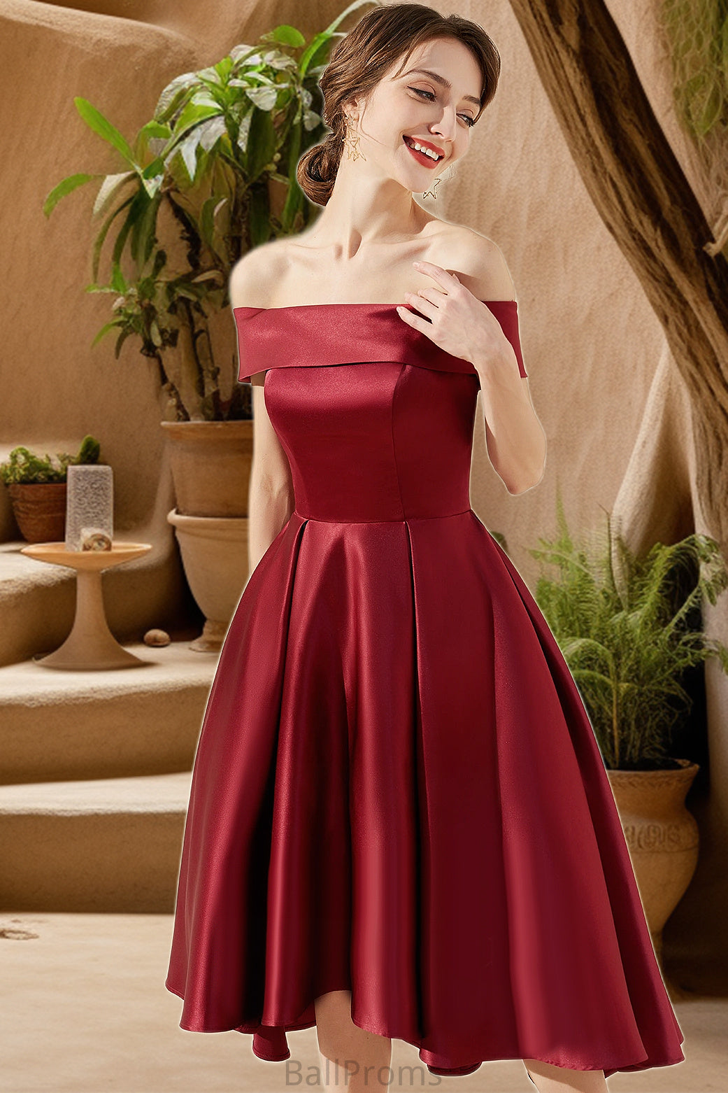 Martha A-line Off the Shoulder Asymmetrical Satin Homecoming Dress HJP0020532