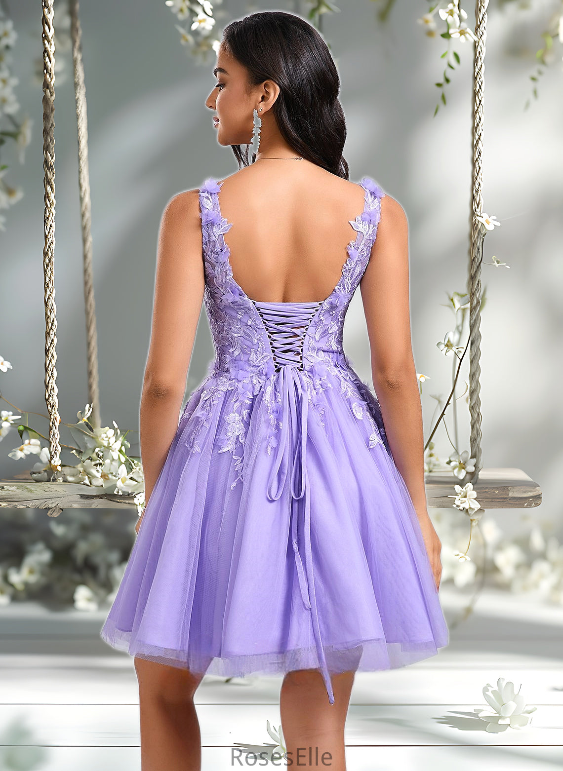 Payton Ball-Gown/Princess V-Neck Short Lace Tulle Homecoming Dress With Flower HJP0025656