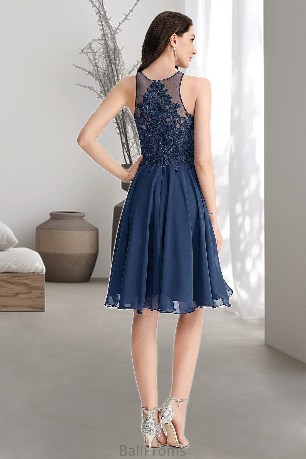 Cadence A-line Scoop Knee-Length Chiffon Lace Homecoming Dress With Beading HJP0020515