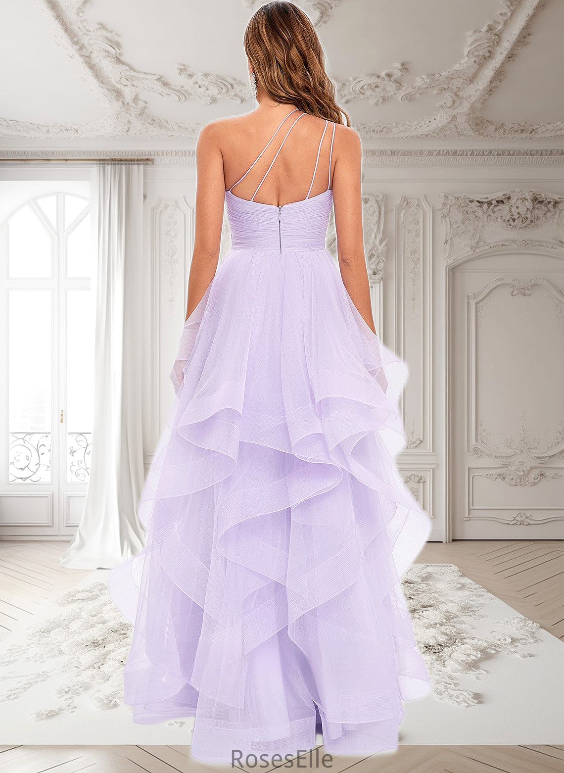 Nayeli Ball-Gown/Princess Asymmetrical One Shoulder Floor-Length Tulle Prom Dresses HJP0025867