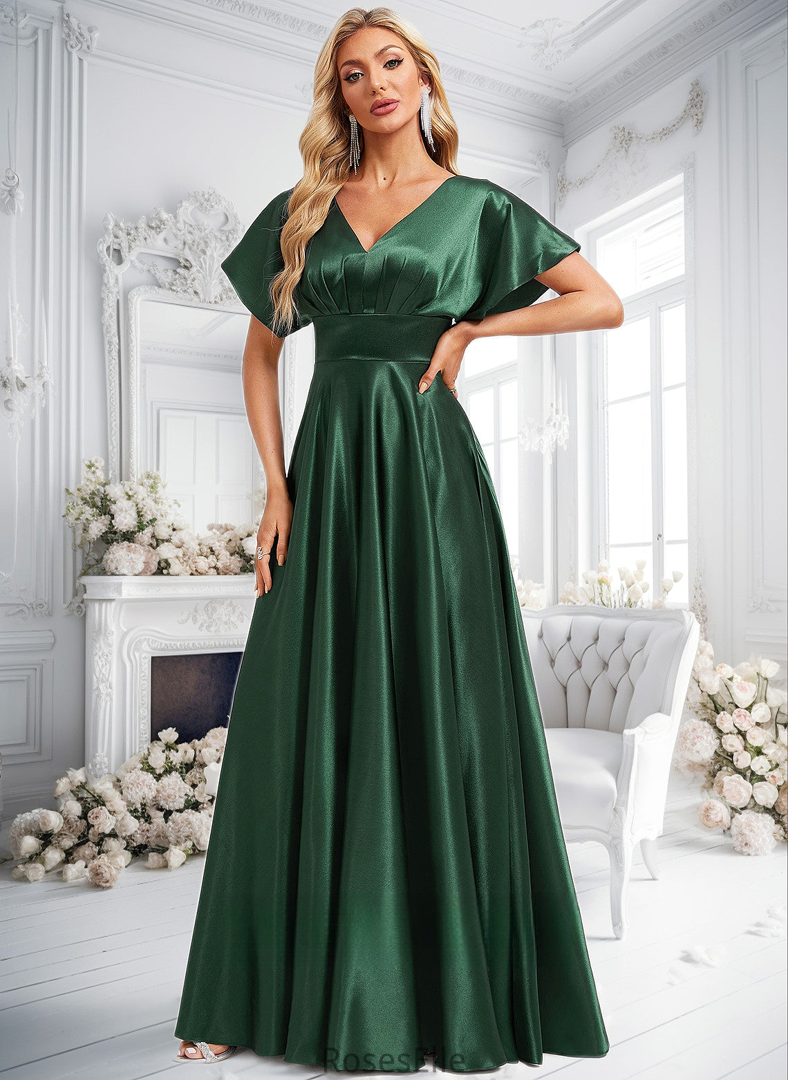 Izabella A-line V-Neck Floor-Length Stretch Satin Bridesmaid Dress HJP0025782