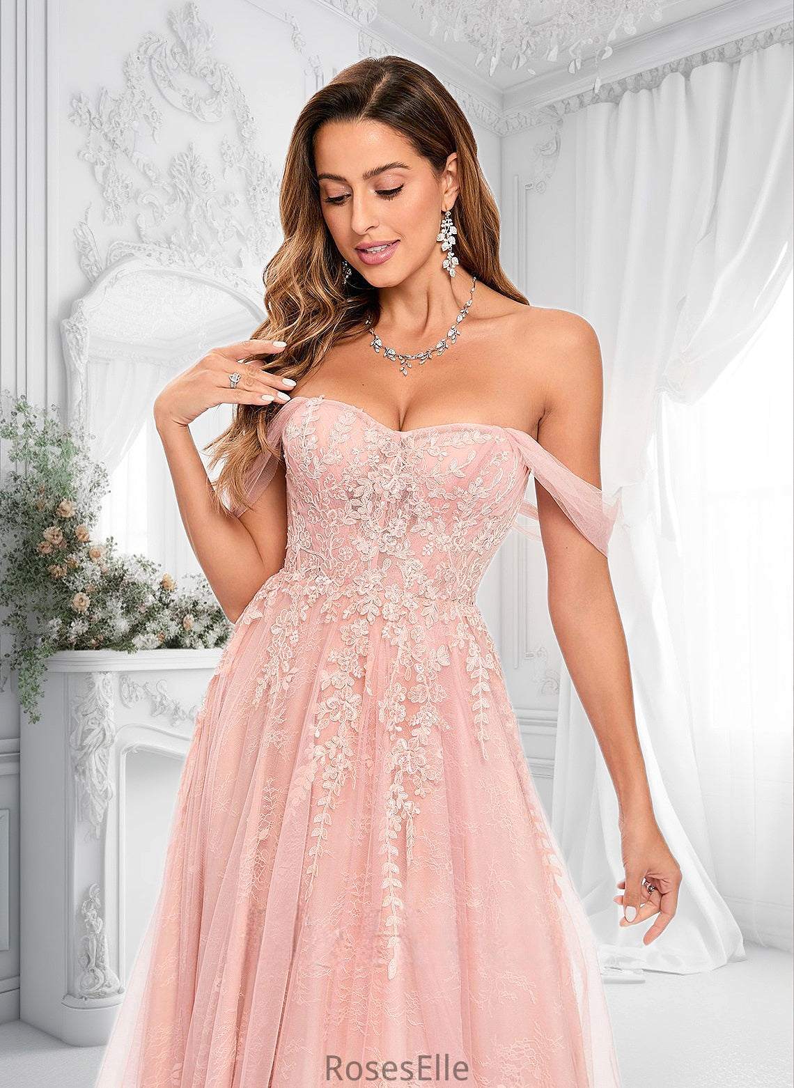 Bailee A-line Sweetheart Off the Shoulder Floor-Length Tulle Floral Lace Prom Dresses With Appliques Lace HJP0025870