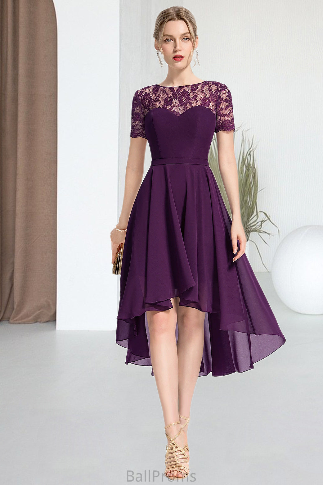 Macy A-line Scoop Asymmetrical Chiffon Lace Homecoming Dress HJP0020587