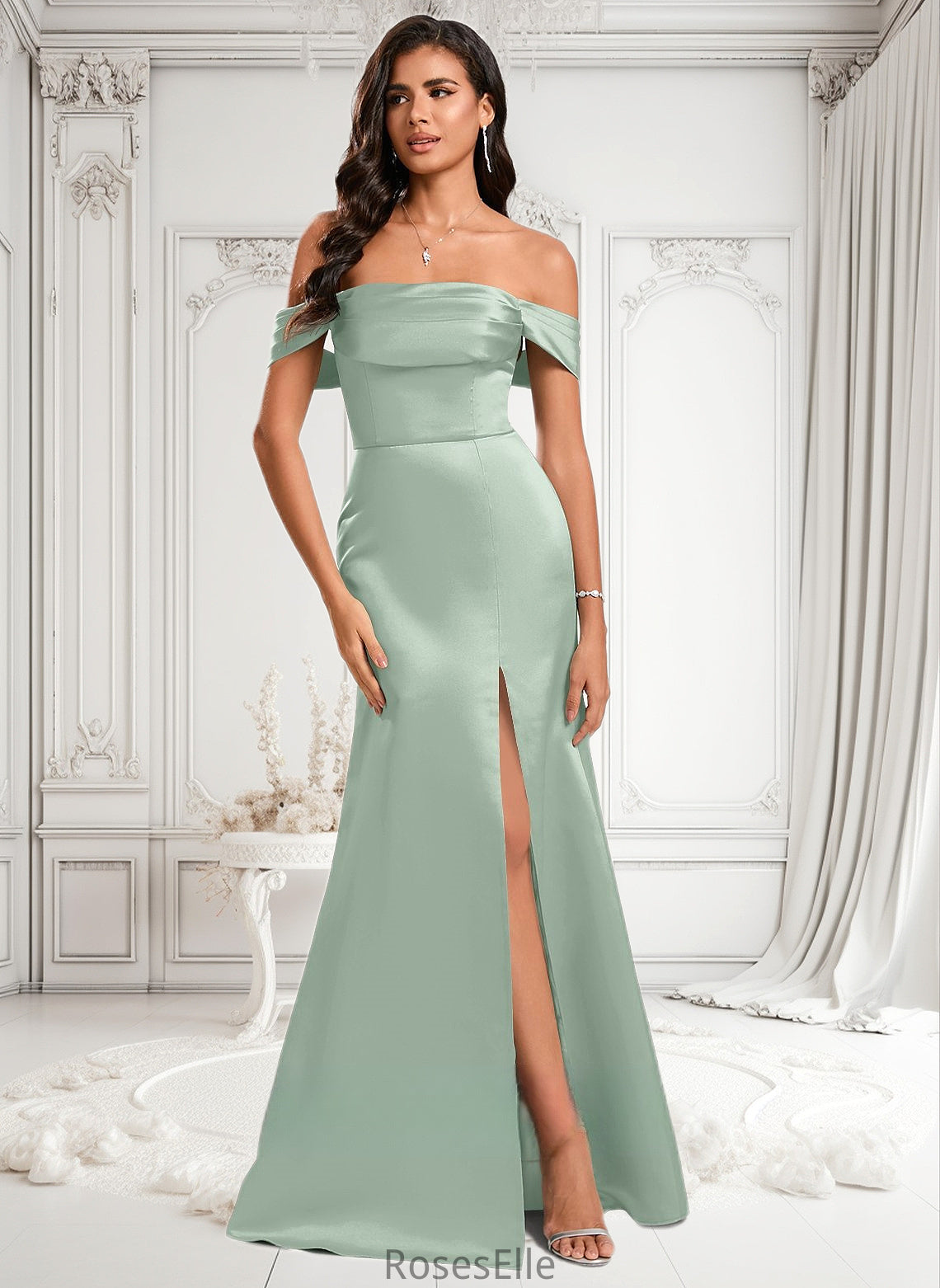 Suzanne Trumpet/Mermaid Off the Shoulder Square Floor-Length Satin Prom Dresses With Ruffle HJP0025883