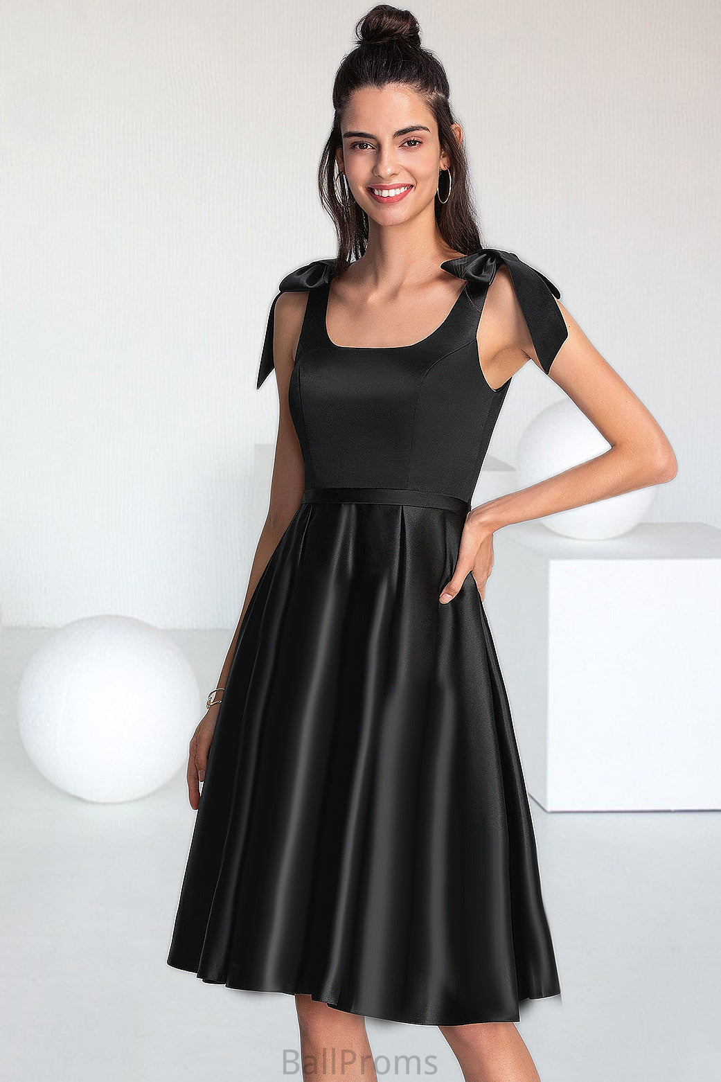 Helen A-line Square Knee-Length Satin Homecoming Dress With Bow HJP0020556