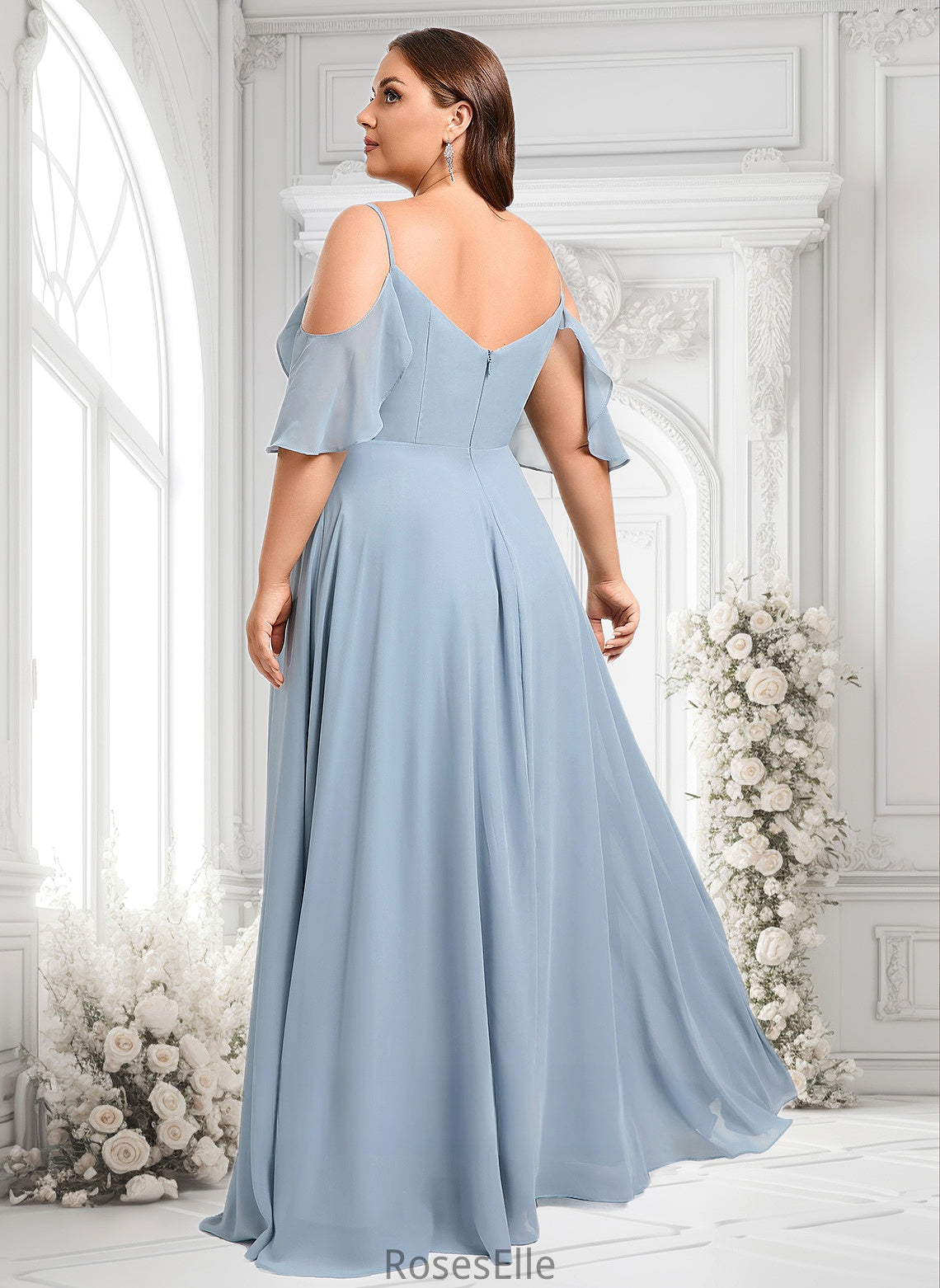 Aylin A-line Cold Shoulder Floor-Length Chiffon Bridesmaid Dress With Ruffle HJP0025797