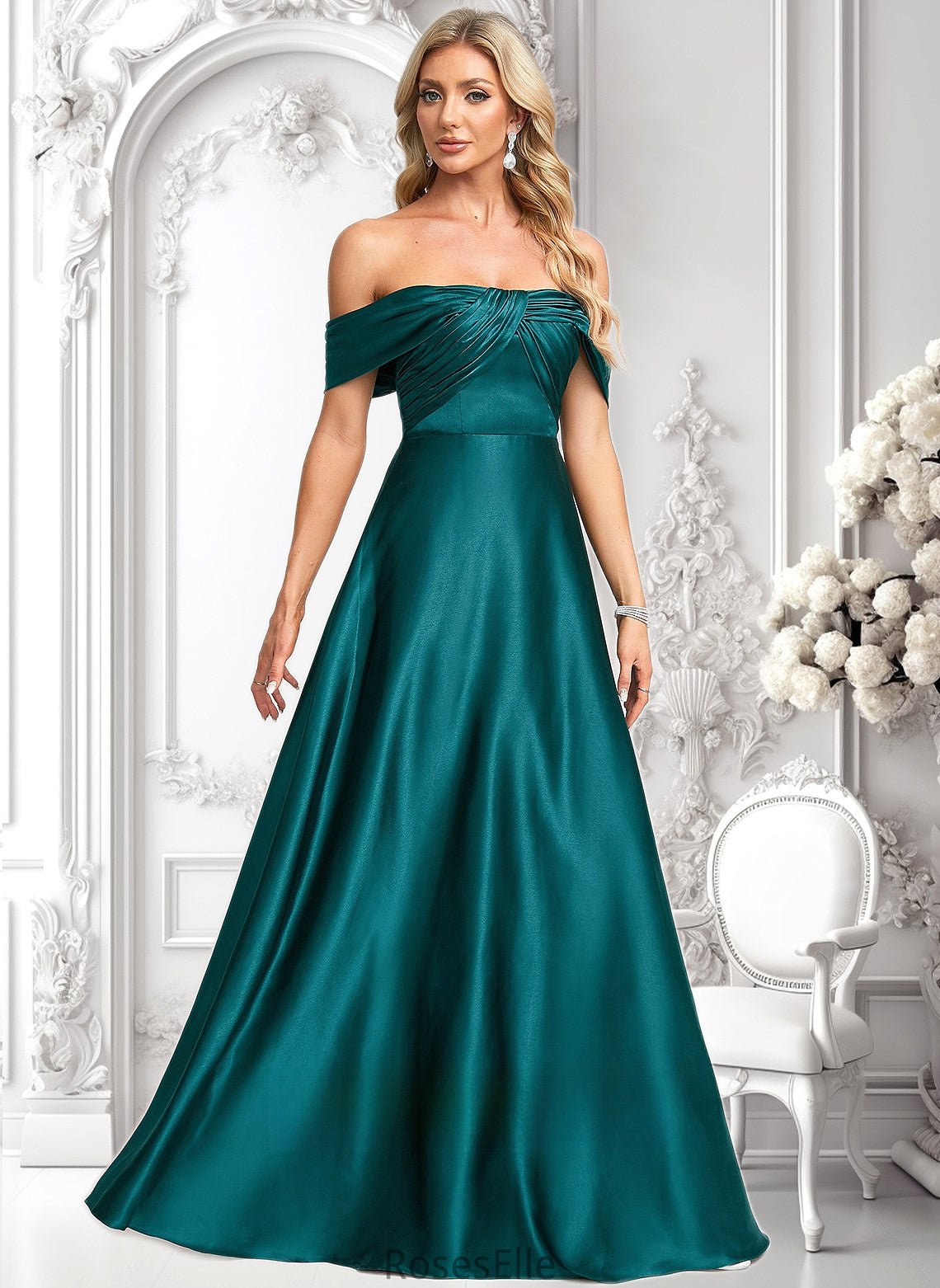 Yoselin A-line Off the Shoulder Floor-Length Stretch Satin Prom Dresses HJP0025879