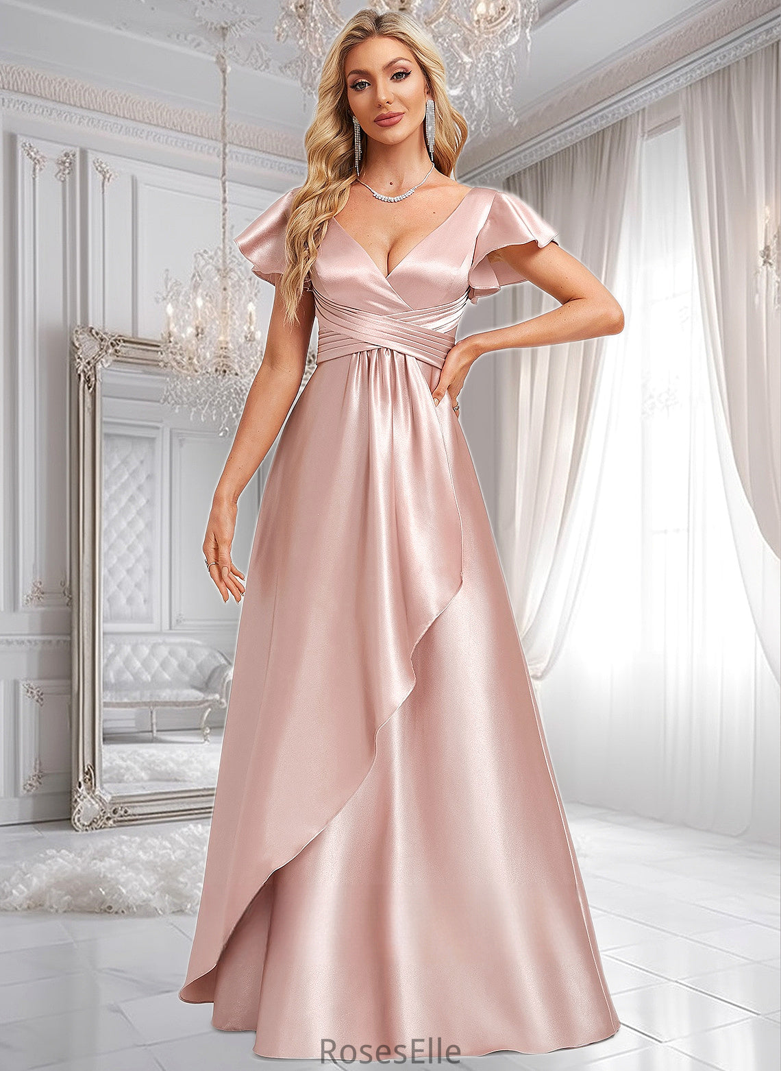 Jaden A-line V-Neck Floor-Length Stretch Satin Bridesmaid Dress With Ruffle HJP0025787