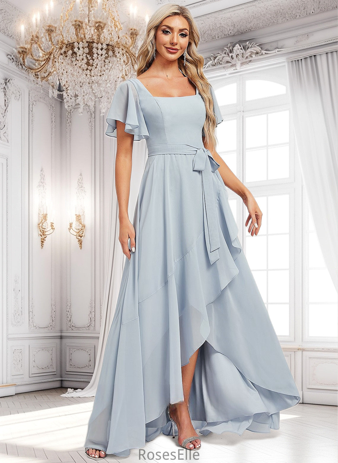 Josie A-line Square Asymmetrical Chiffon Bridesmaid Dress HJP0025796