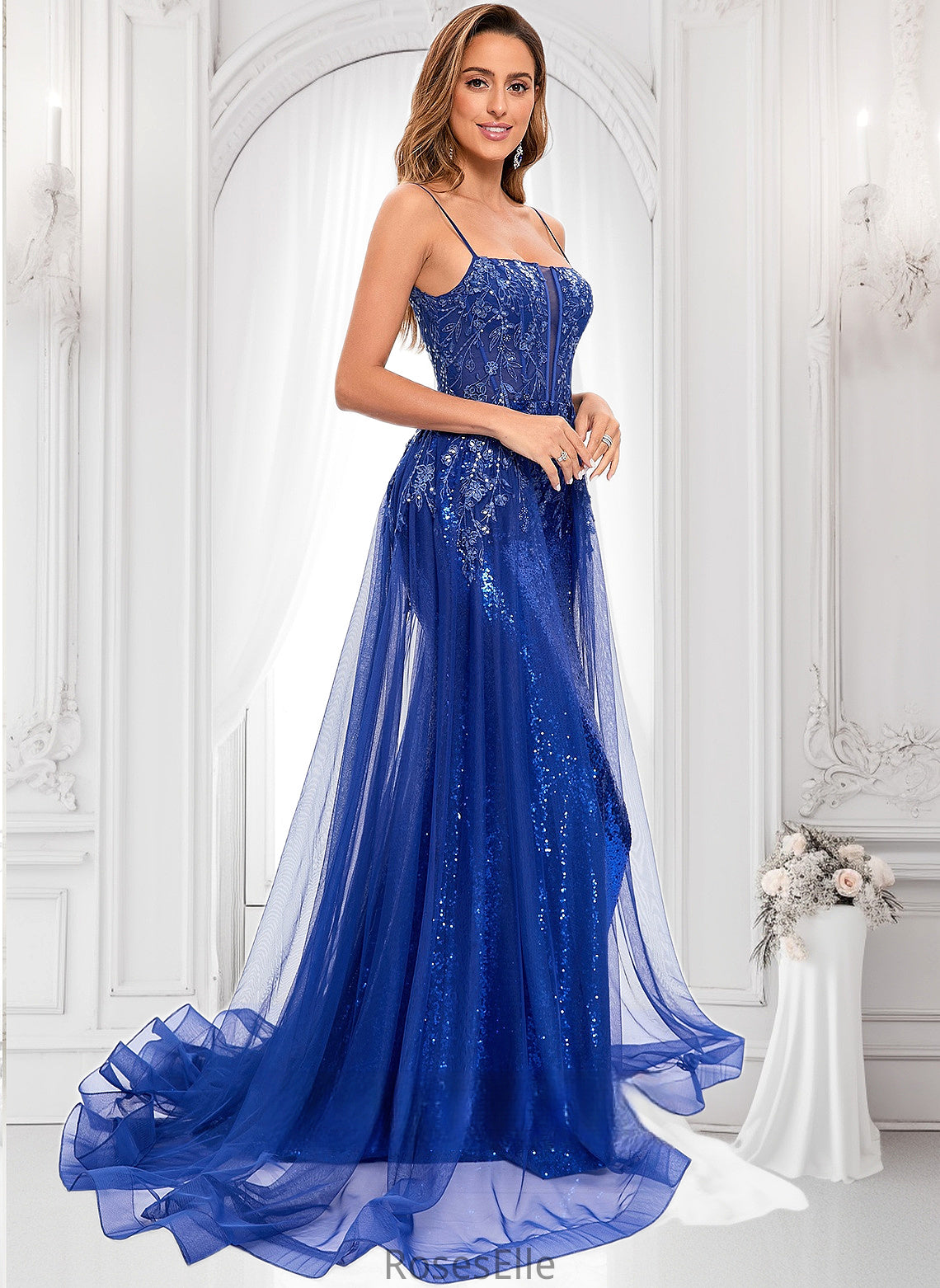 Jessie Trumpet/Mermaid Straight Sweep Train Tulle Sequin Prom Dresses With Sequins Appliques Lace HJP0025857