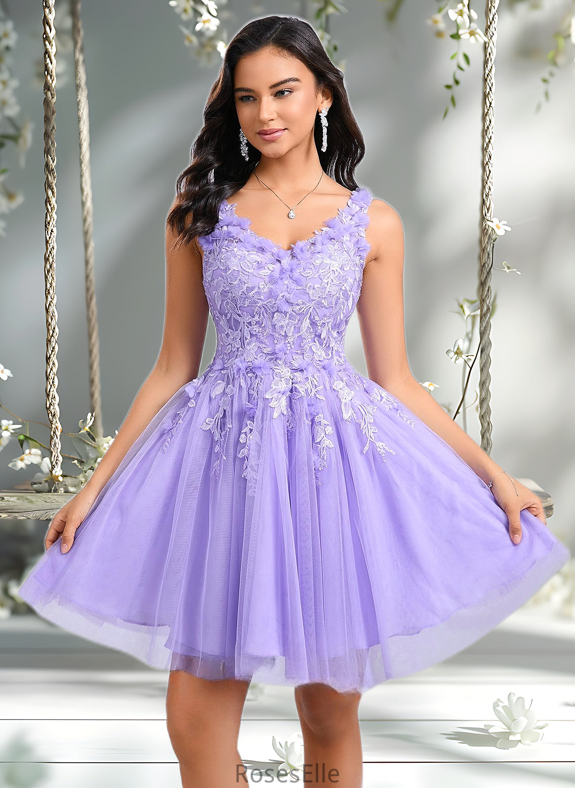 Payton Ball-Gown/Princess V-Neck Short Lace Tulle Homecoming Dress With Flower HJP0025656