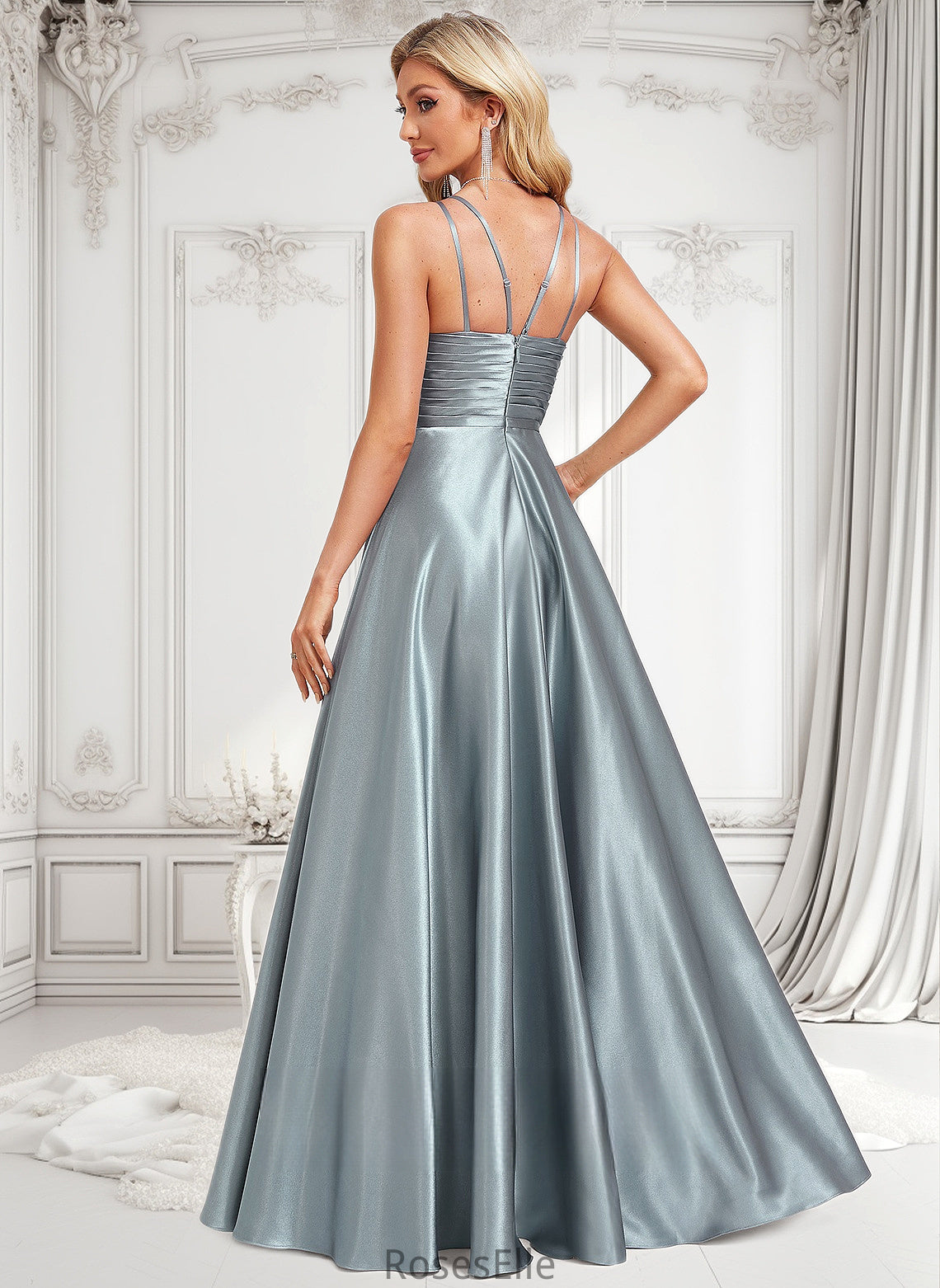 Sophia A-line Halter Floor-Length Stretch Satin Bridesmaid Dress HJP0025783