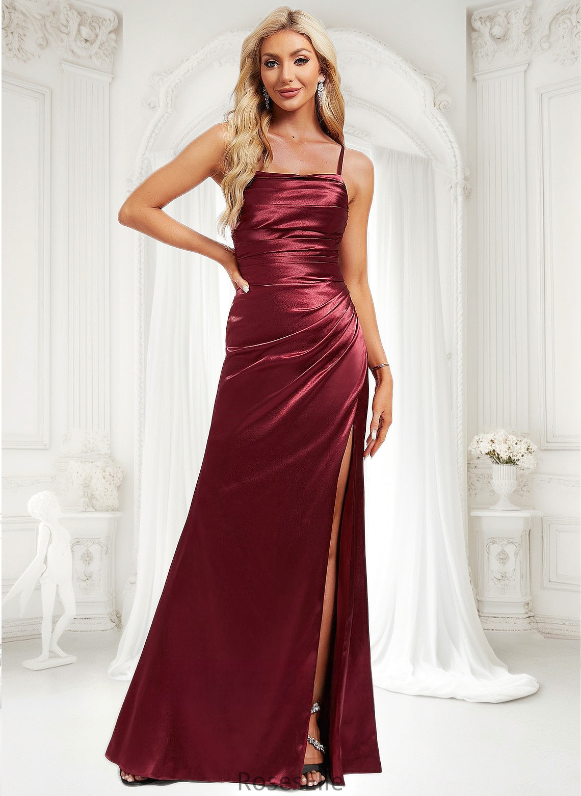 Julie Trumpet/Mermaid Square Floor-Length Stretch Satin Prom Dresses With Ruffle HJP0025875