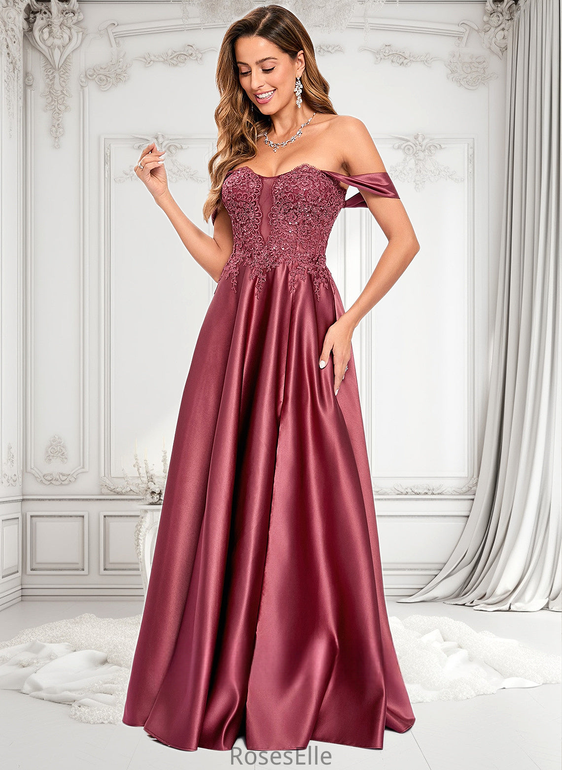 Taniyah A-line Off the Shoulder Floor-Length Satin Lace Prom Dresses With Sequins HJP0025841