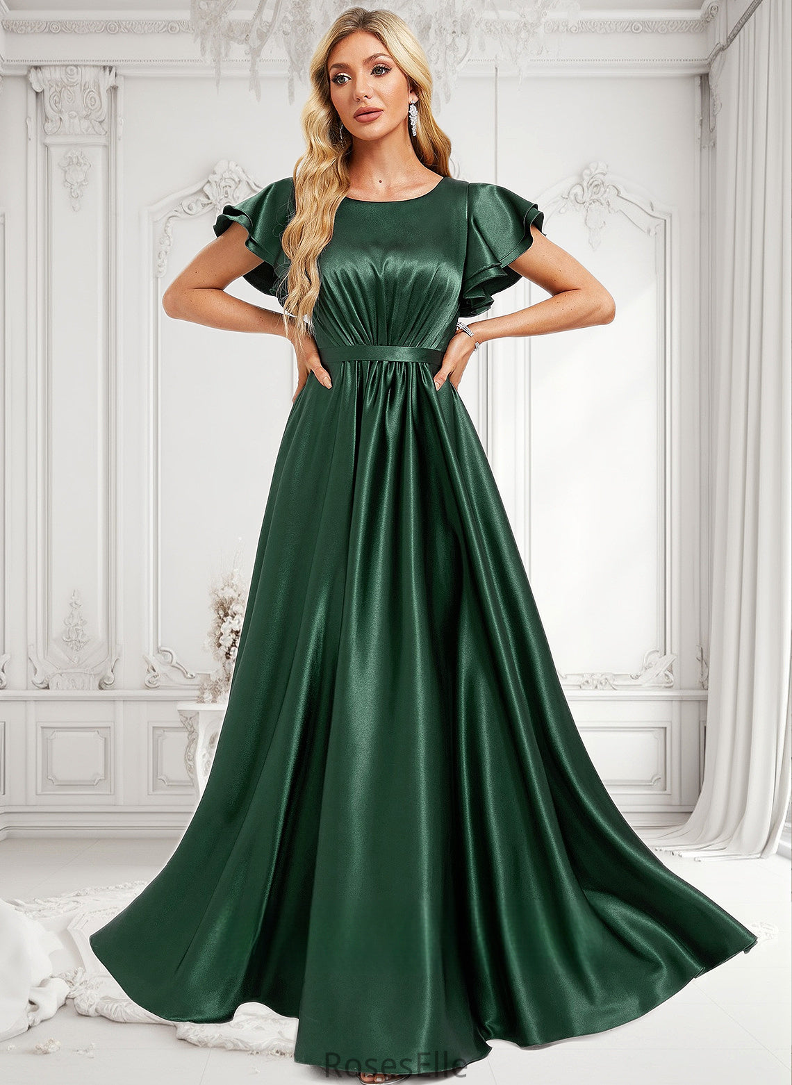 Julia A-line Scoop Floor-Length Stretch Satin Bridesmaid Dress With Ruffle HJP0025770