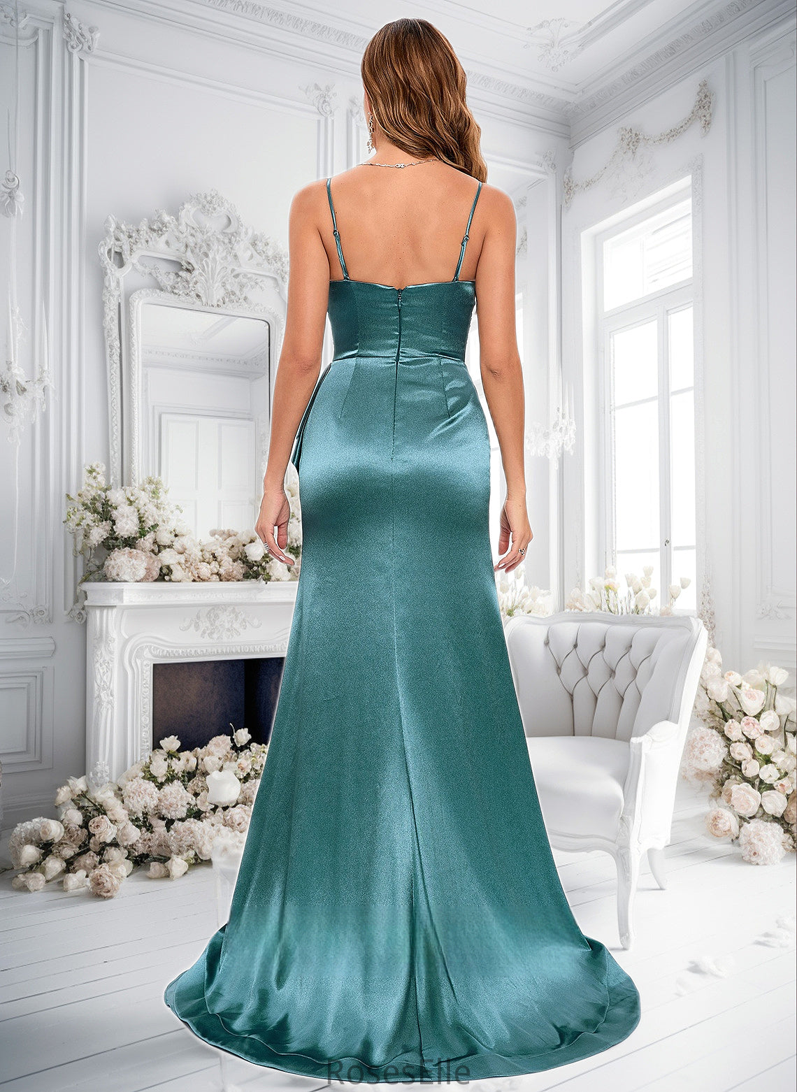 Jenna Trumpet/Mermaid V-Neck Sweep Train Stretch Satin Prom Dresses HJP0025855