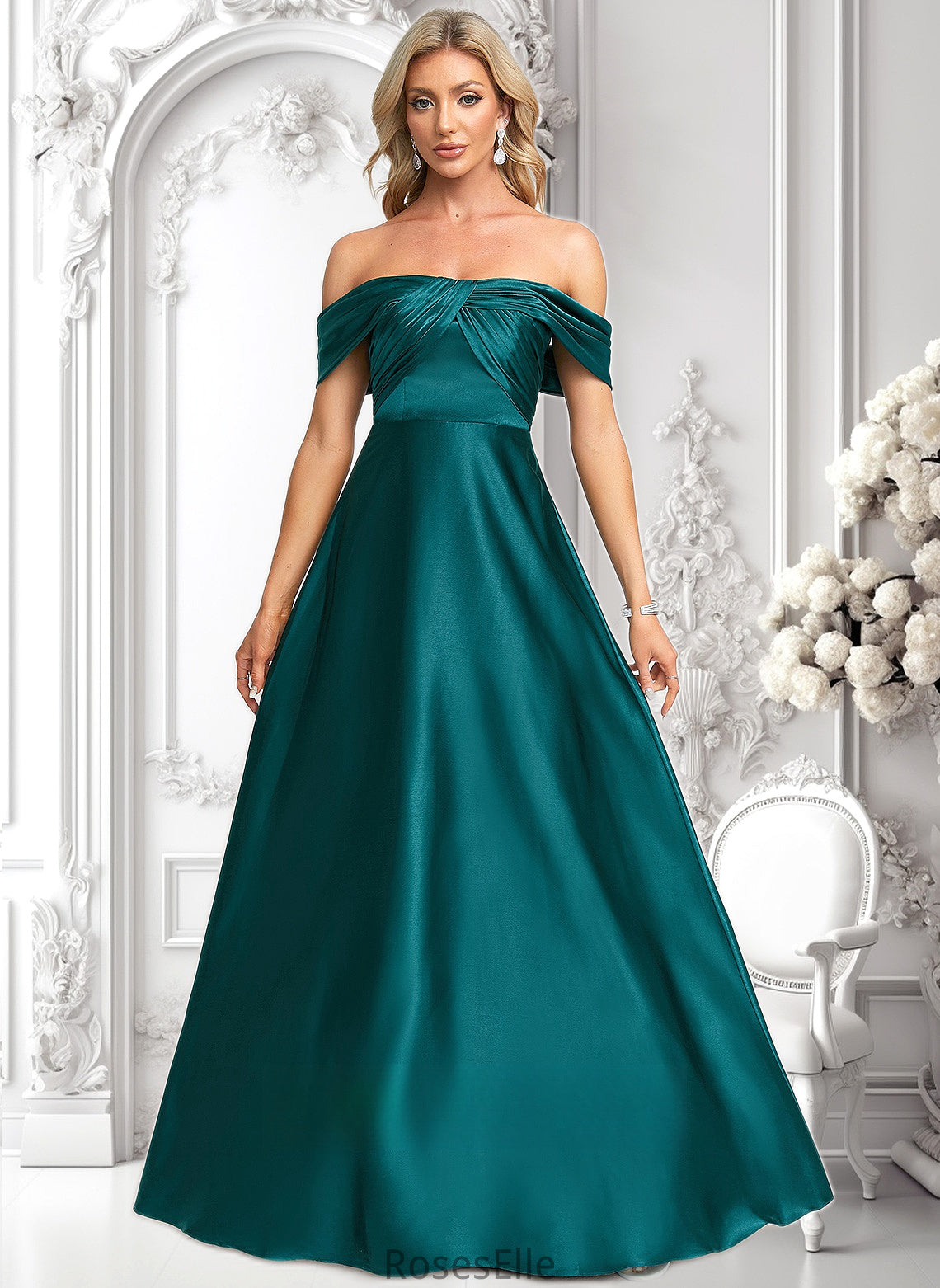 Yoselin A-line Off the Shoulder Floor-Length Stretch Satin Prom Dresses HJP0025879