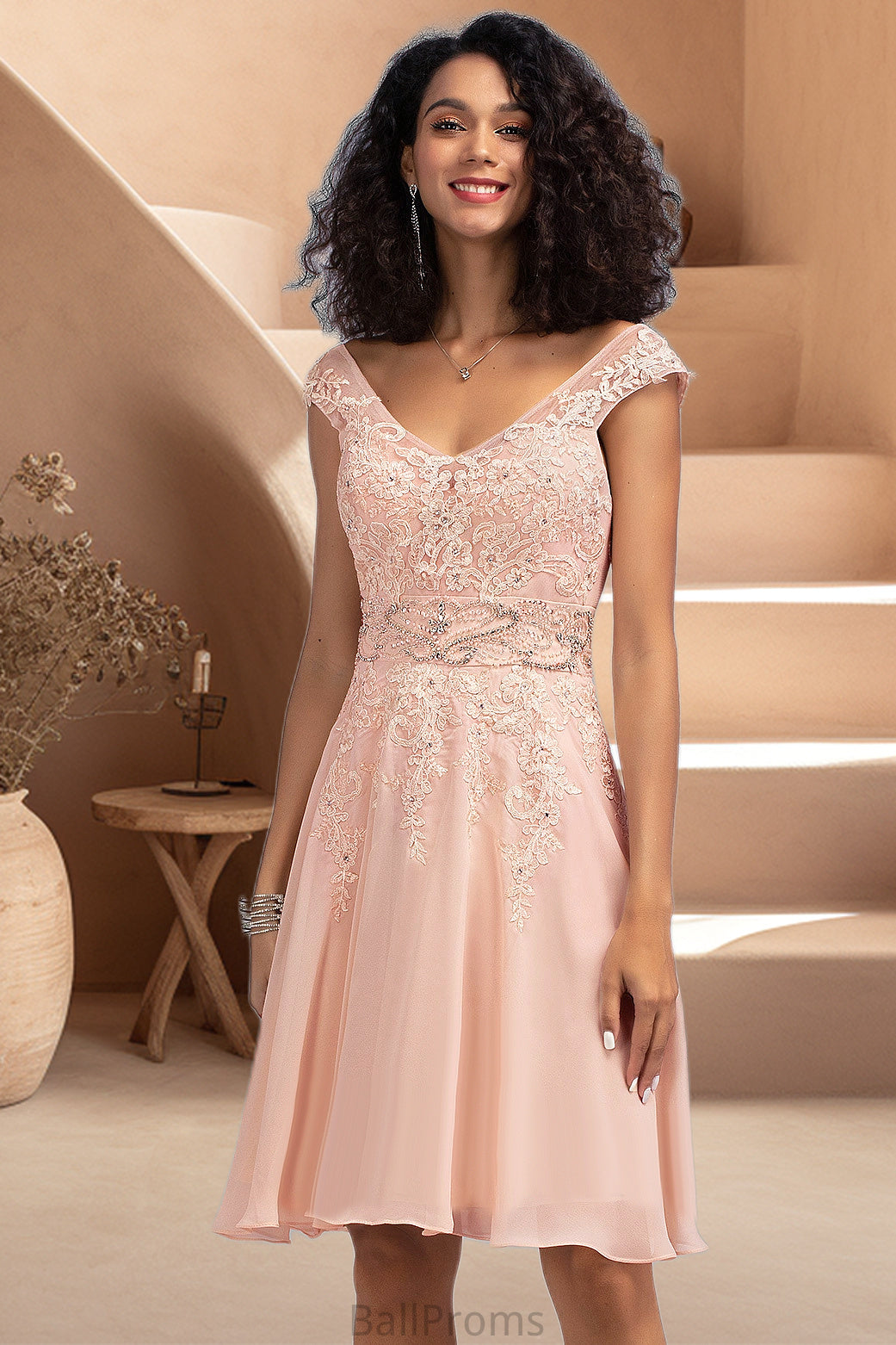 Kristen A-line V-Neck Knee-Length Chiffon Lace Homecoming Dress With Beading HJP0020565