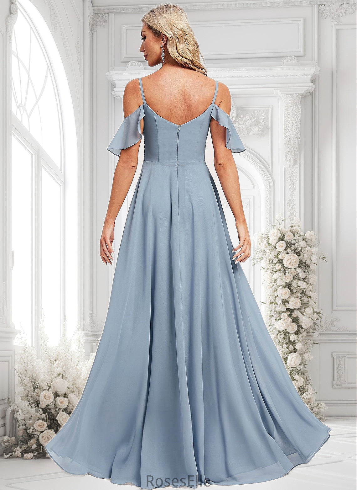 Aylin A-line Cold Shoulder Floor-Length Chiffon Bridesmaid Dress With Ruffle HJP0025797