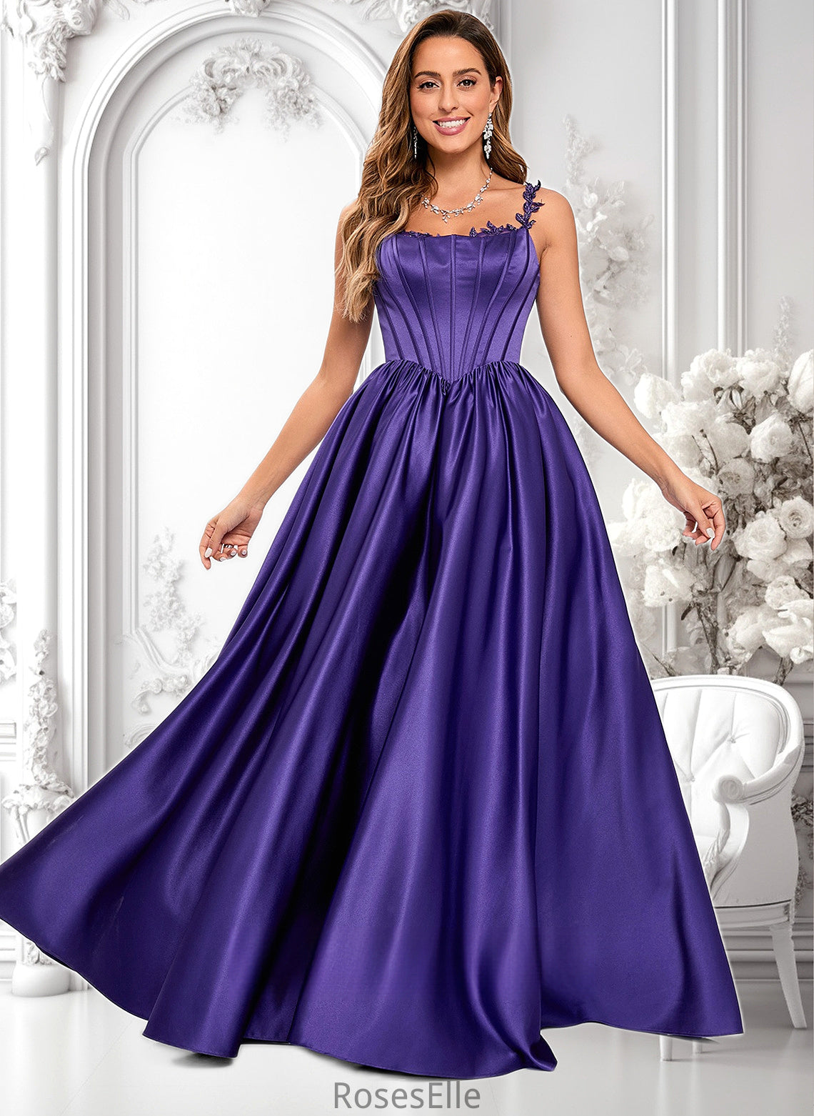 Lexi Ball-Gown/Princess Scoop Floor-Length Satin Prom Dresses With Appliques Lace Beading HJP0025865