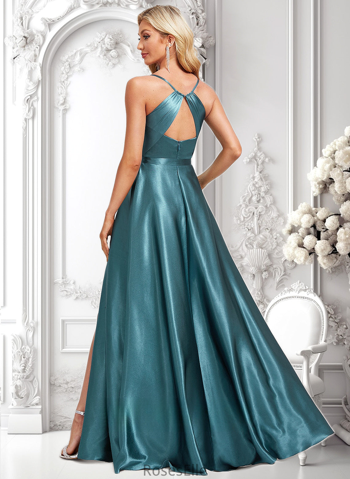 Madge A-line Cowl Floor-Length Stretch Satin Bridesmaid Dress With Ruffle HJP0025781