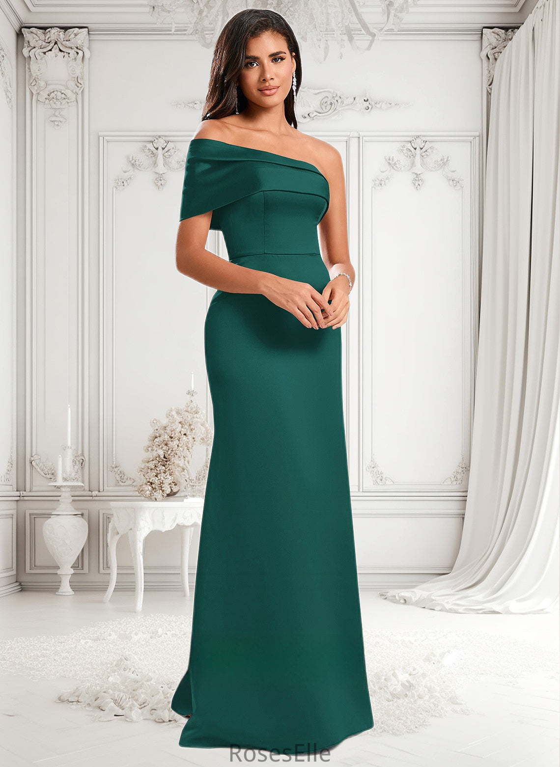 Kristin A-line Asymmetrical Off the Shoulder Floor-Length Satin Prom Dresses HJP0025884