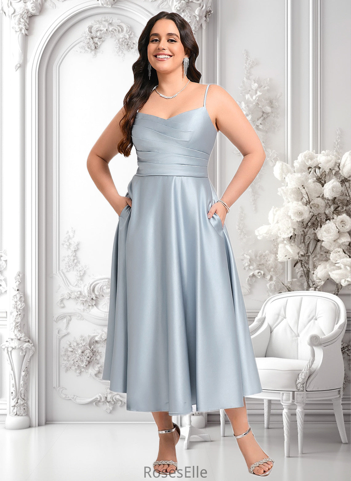 Averie A-line V-Neck Tea-Length Satin Bridesmaid Dress HJP0025794