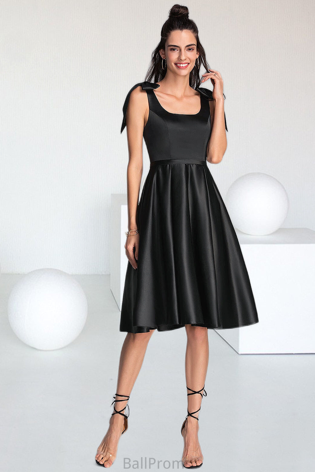 Helen A-line Square Knee-Length Satin Homecoming Dress With Bow HJP0020556