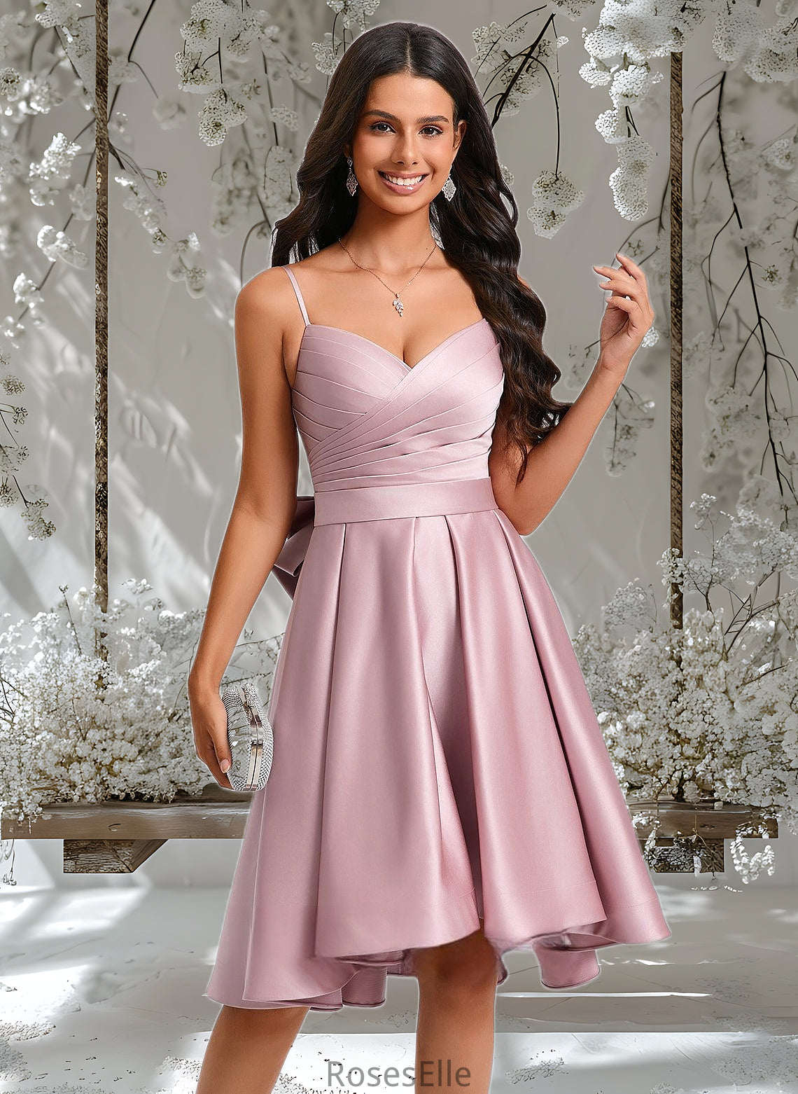 Asia A-line V-Neck Asymmetrical Satin Homecoming Dress With Bow Pleated HJP0025699