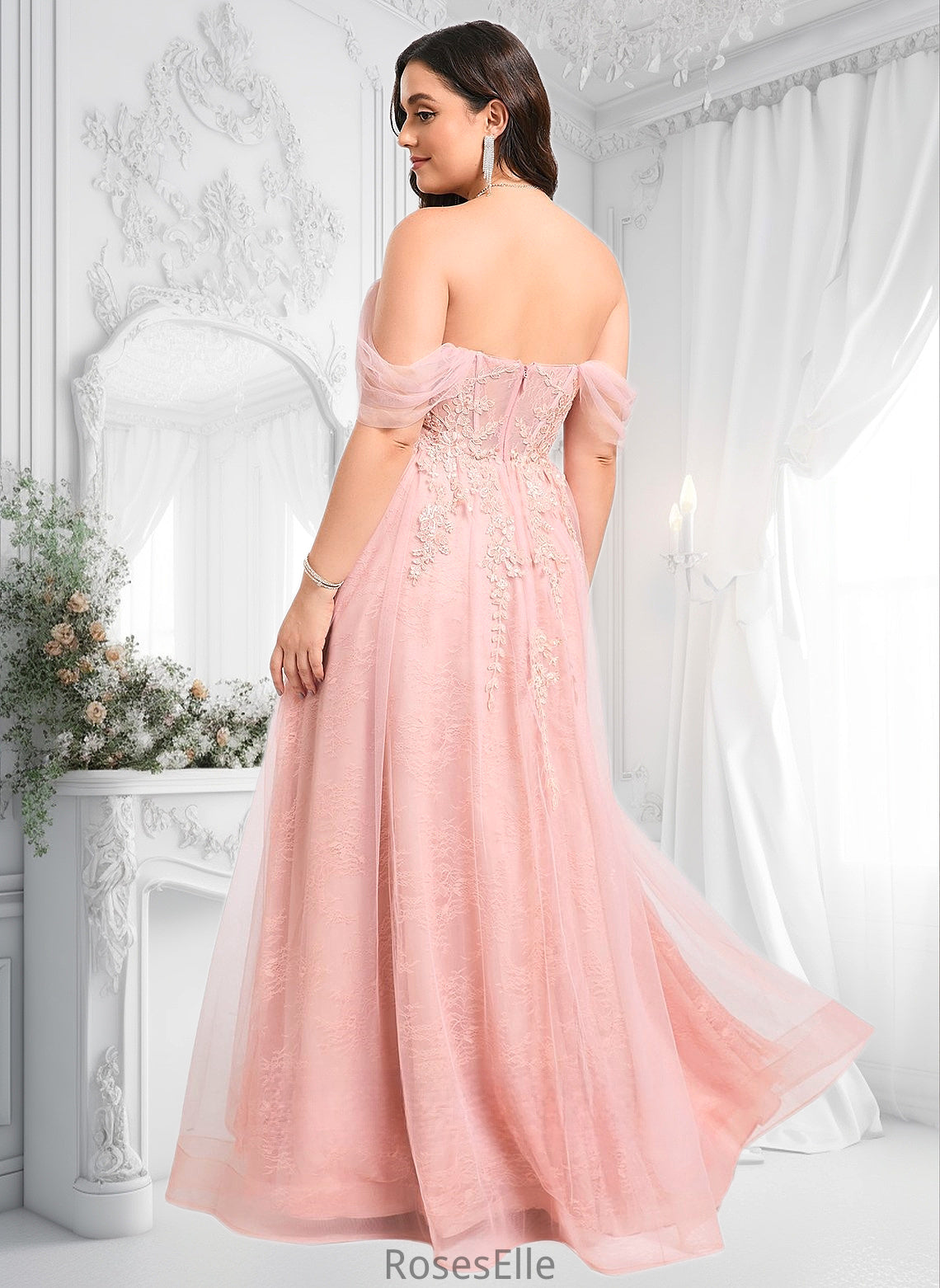 Bailee A-line Sweetheart Off the Shoulder Floor-Length Tulle Floral Lace Prom Dresses With Appliques Lace HJP0025870