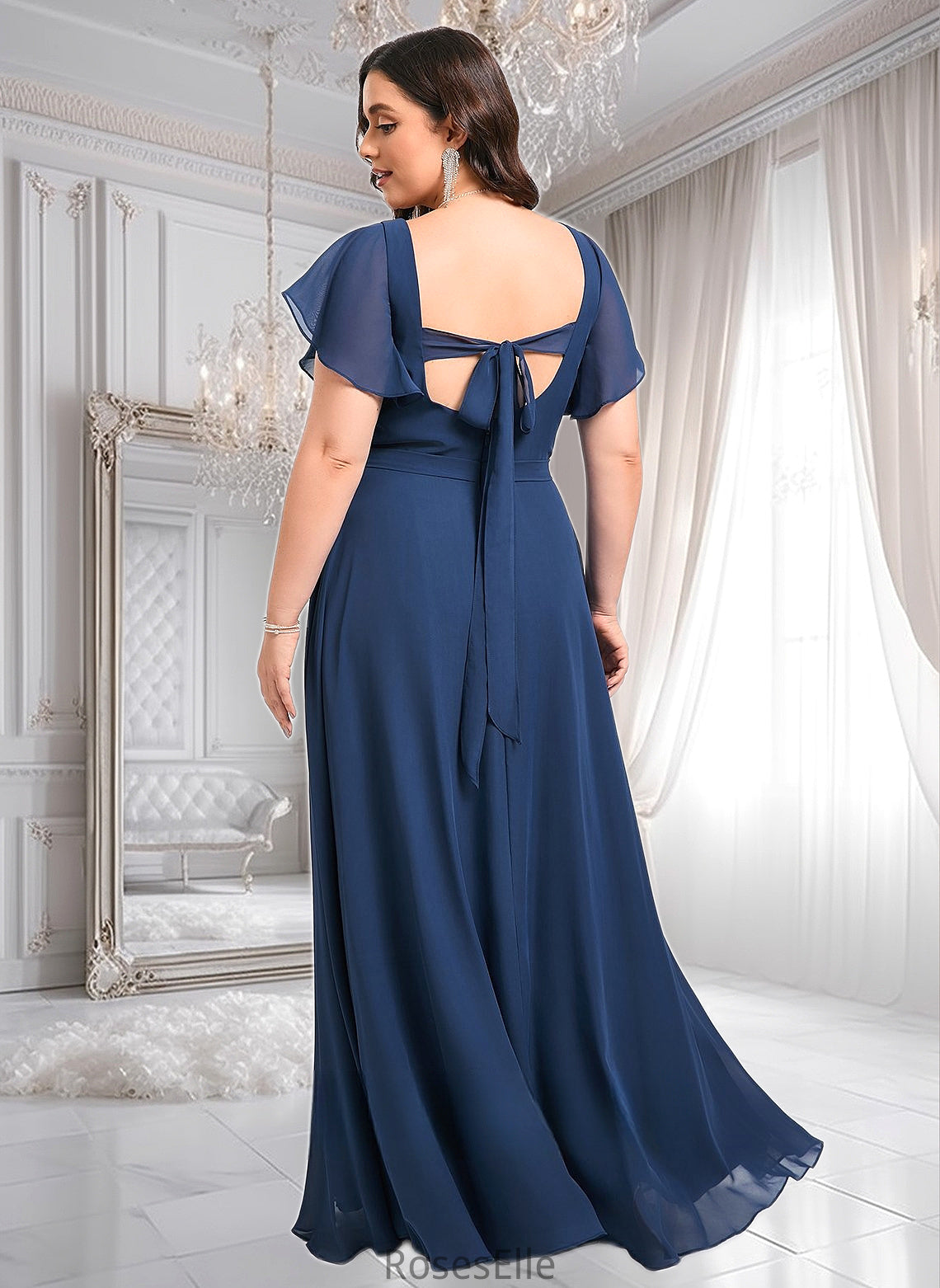 Nicky A-line V-Neck Floor-Length Chiffon Bridesmaid Dress With Ruffle HJP0025802